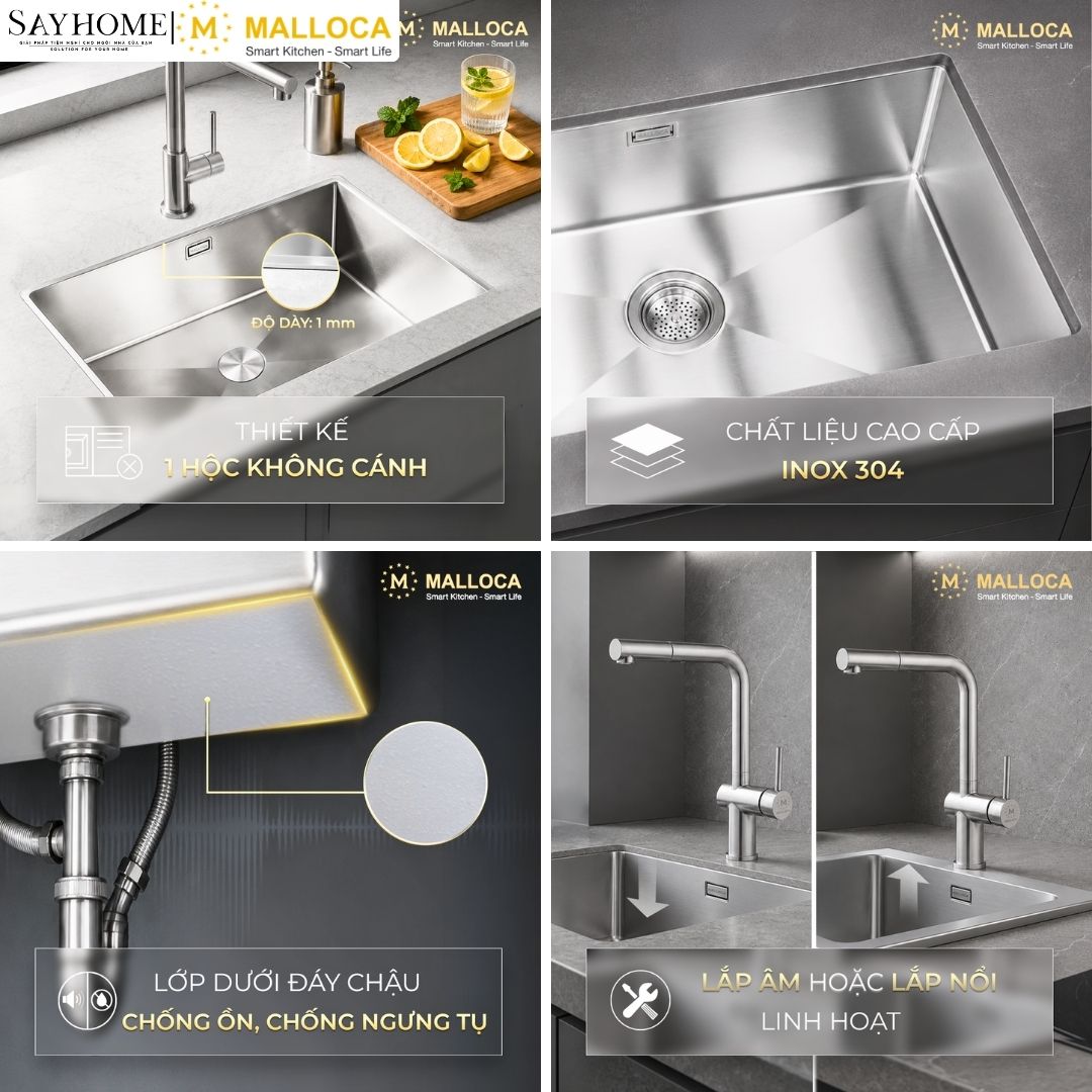 Chậu rửa chén bát 1 hố inox 304 MALLOCA MS 6070 tại Thành phố Hồ Chí Minh