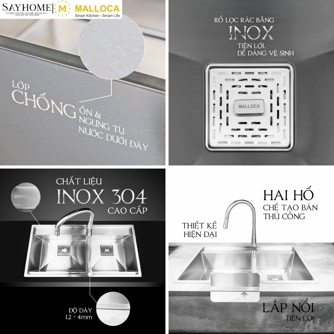 Chậu rửa chén bát 2 hố inox 304 MALLOCA MS 6304 ST tại Thành phố Hồ Chí Minh