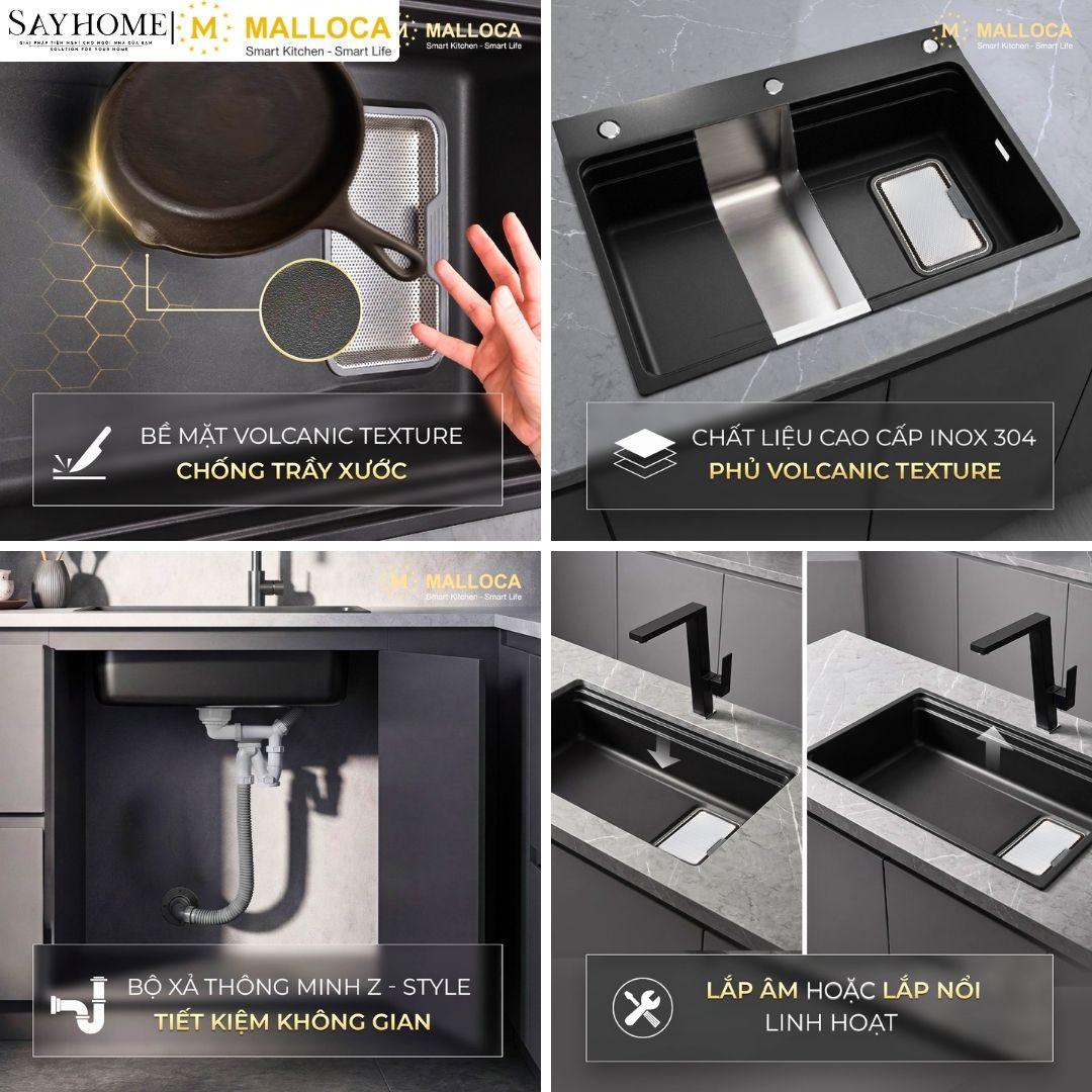 Chậu rửa chén bát 1 hố inox 304 MALLOCA Volcanic MS7743GR tại thành phố Hồ Chí Minh