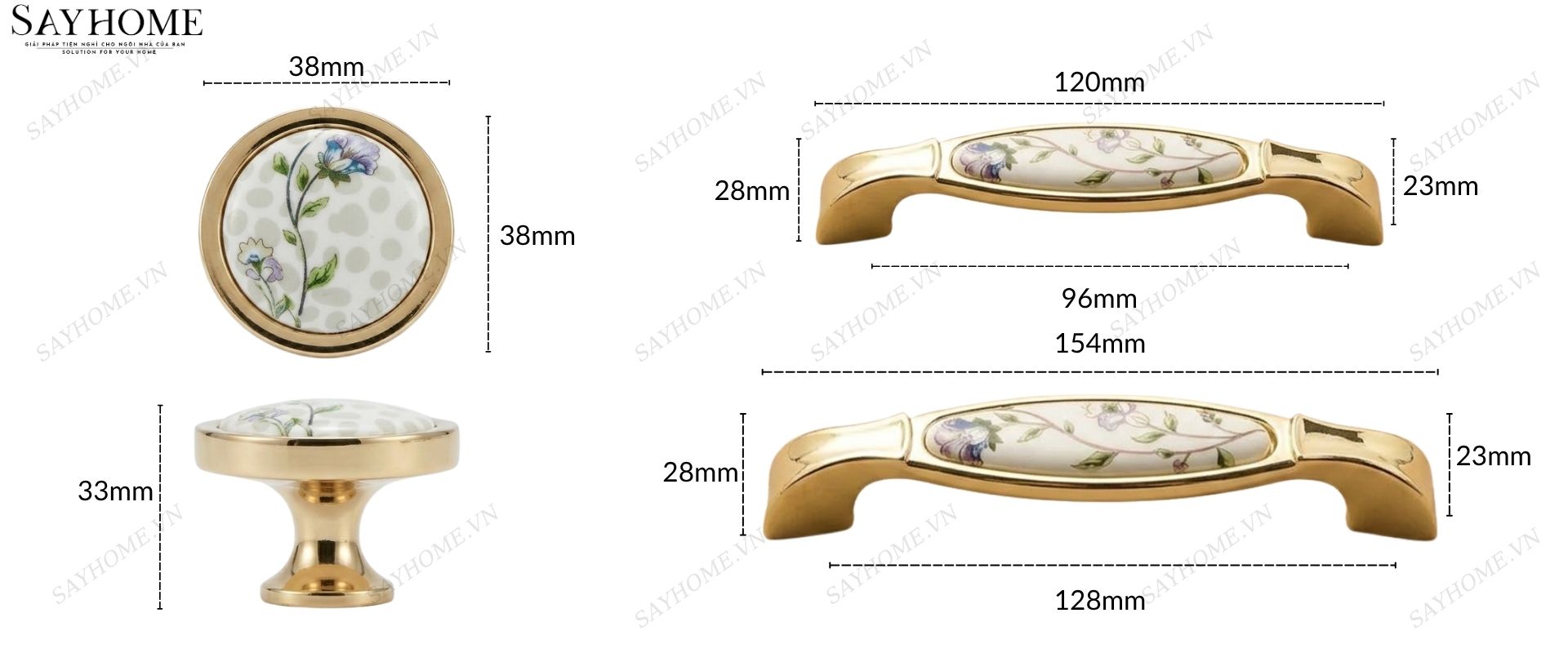 Tay nắm tủ tân cổ điển Vintage màu vàng gold mặt sứ trắng hoa văn SH18TV09 tại thành phố Hồ Chí Minh