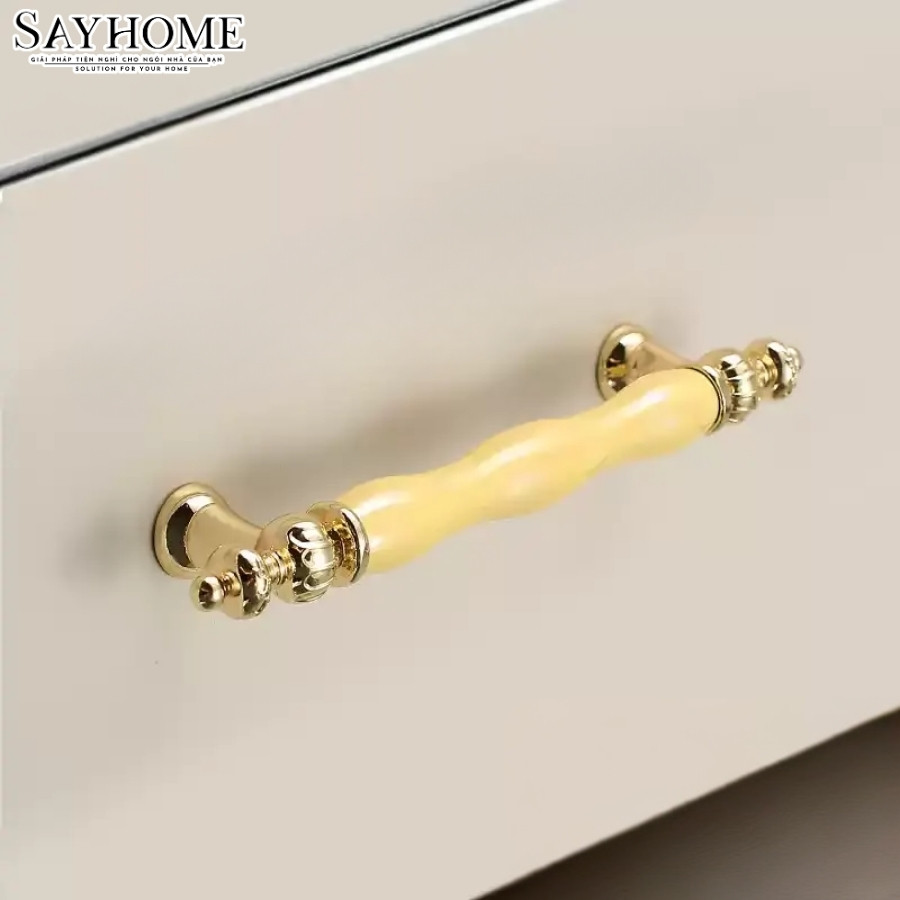 Tay nắm tân cổ điển Vintage màu vàng mặt sứ cao cấp vàng kem SH20VK28 tại thành phố Hồ Chí Minh