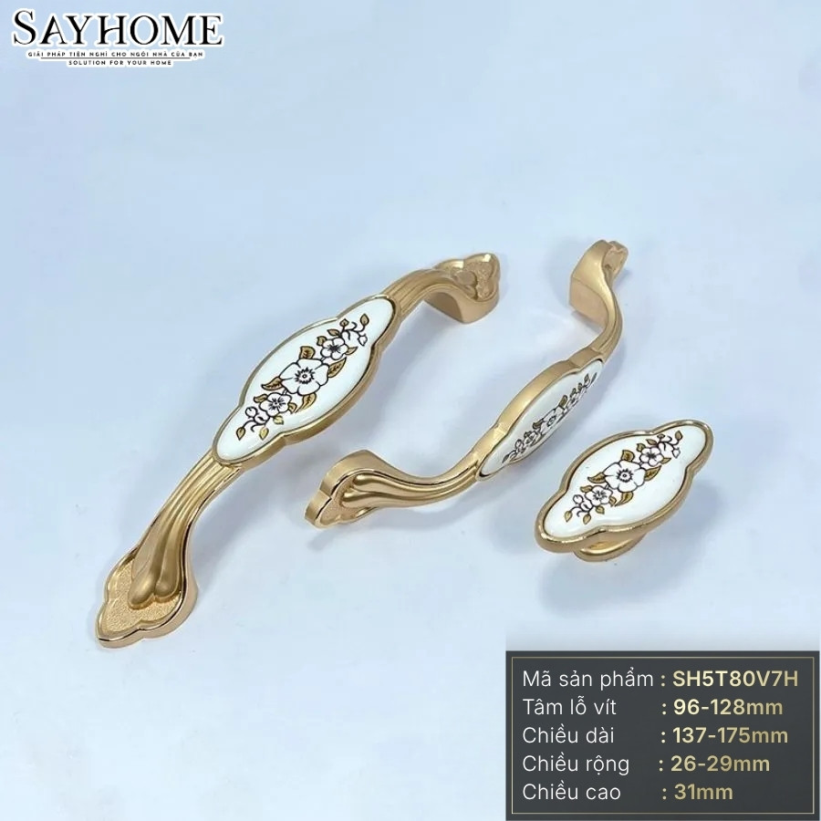 Tay nắm tủ tân cổ điển Vintage màu vàng gold mặt sứ trắng có hoa văn SH5T80V7H tại thành phố Hồ Chí Minh