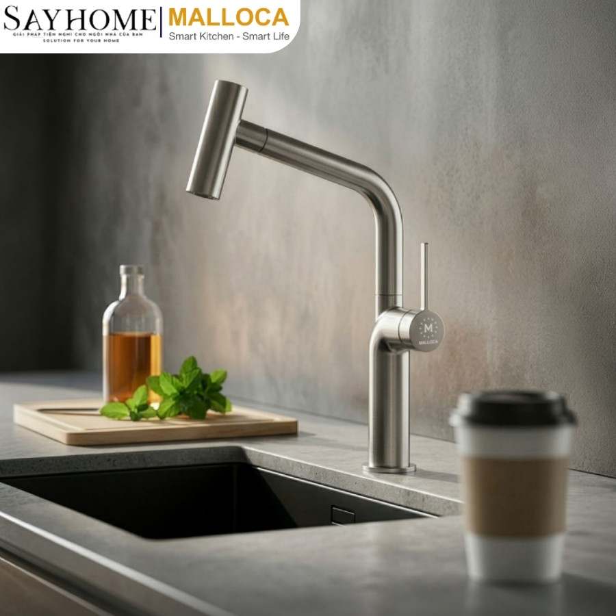 Vòi rửa chén MALLOCA K2206-CR dây rút mạ Chrome 2 nguồn nóng, lạnh tại Thành phố Hồ Chí Minh