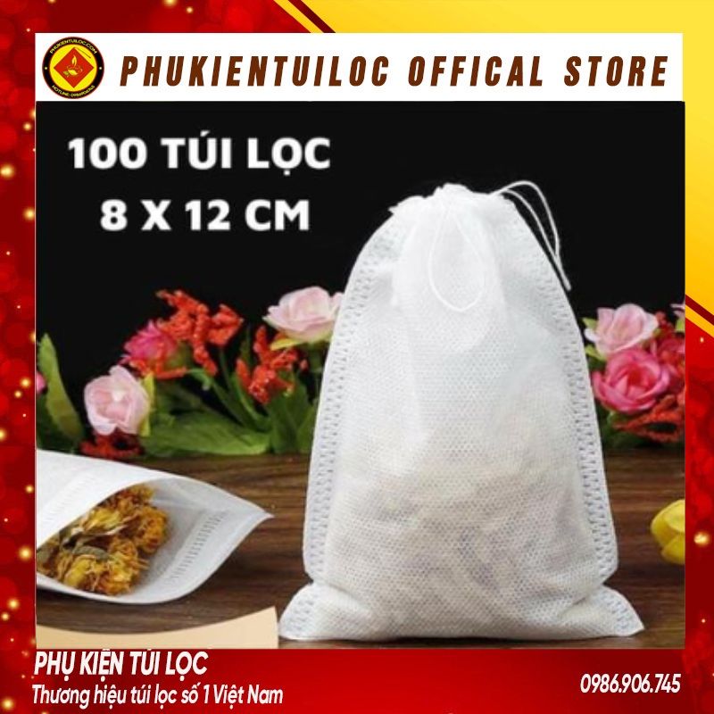Combo 100 túi lọc trà, cafe,thảo dược có dây rút chất liệu vải không dệt-8x12cm