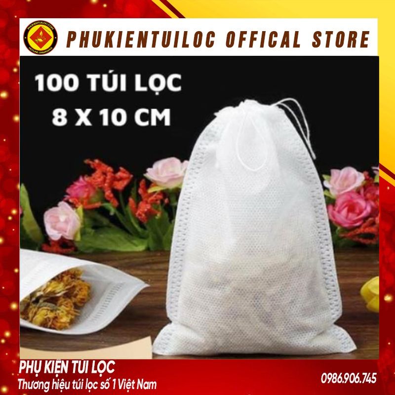 Combo 100 túi lọc trà, cafe,thảo dược có dây rút chất liệu vải không dệt- 8x10cm