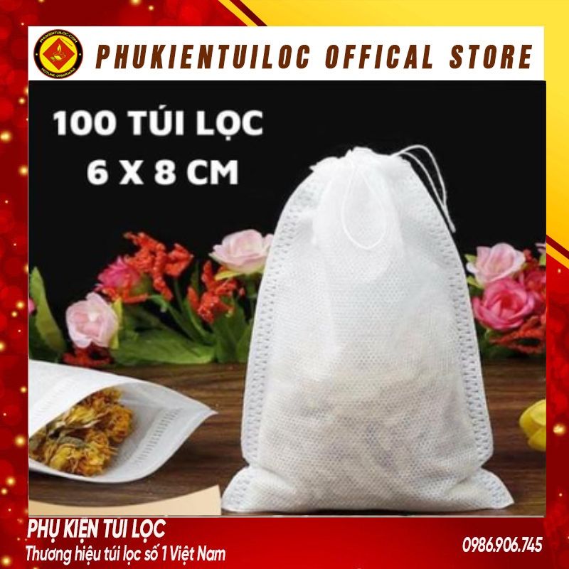 Combo 100 túi lọc trà, cafe,thảo dược có dây rút chất liệu vải không dệt-6x8cm