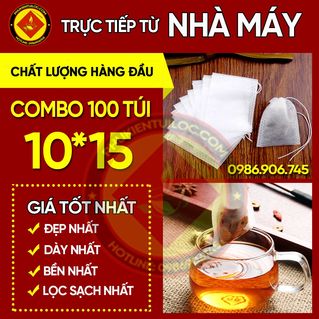 Combo 100 túi lọc trà, cafe,thảo dược có dây rút chất liệu vải không dệt-10x15 cm
