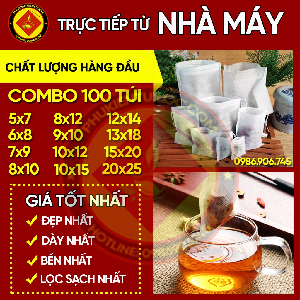 ( Sỉ) Combo 100 Túi lọc trà, cà phê vải không dệt có dây rút - Túi lọc nhiều kích thước