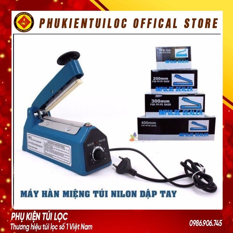 Máy hàn nhiệt miệng túi nilon túi zip dập tay PFS 200 để bảo quản thực phẩm, bọc sản phẩm bán hàng, cắt màng co
