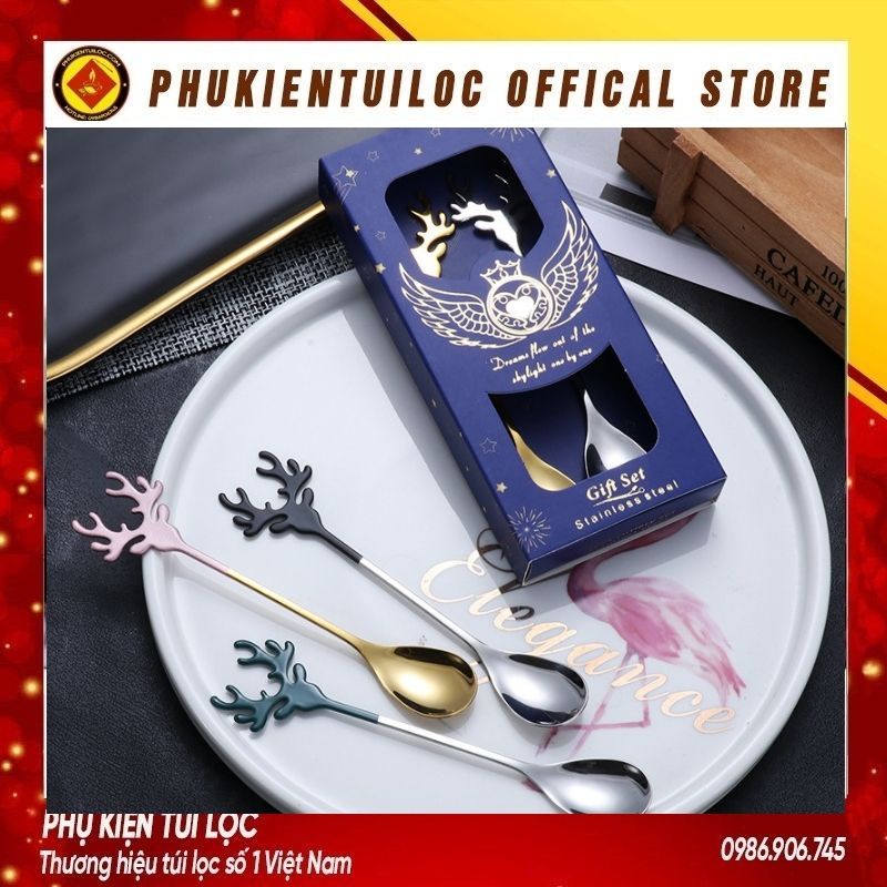 Bộ thìa dĩa sừng hươu inox 304 dụng cụ pha trà, cafe mừng giáng sinh, năm mới- Phukientuiloc.com