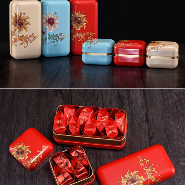 Hộp thiếc đựng trà cạnh tròn hoạ tiết hoa kích thước dài 80*80*56mm