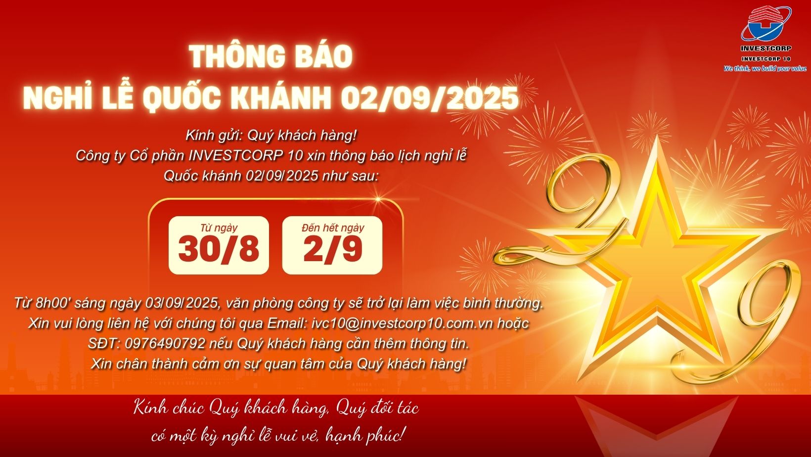 Công ty Cổ phần INVESTCORP 10 thông báo Lịch nghỉ lễ Quốc khánh 02/09/2025