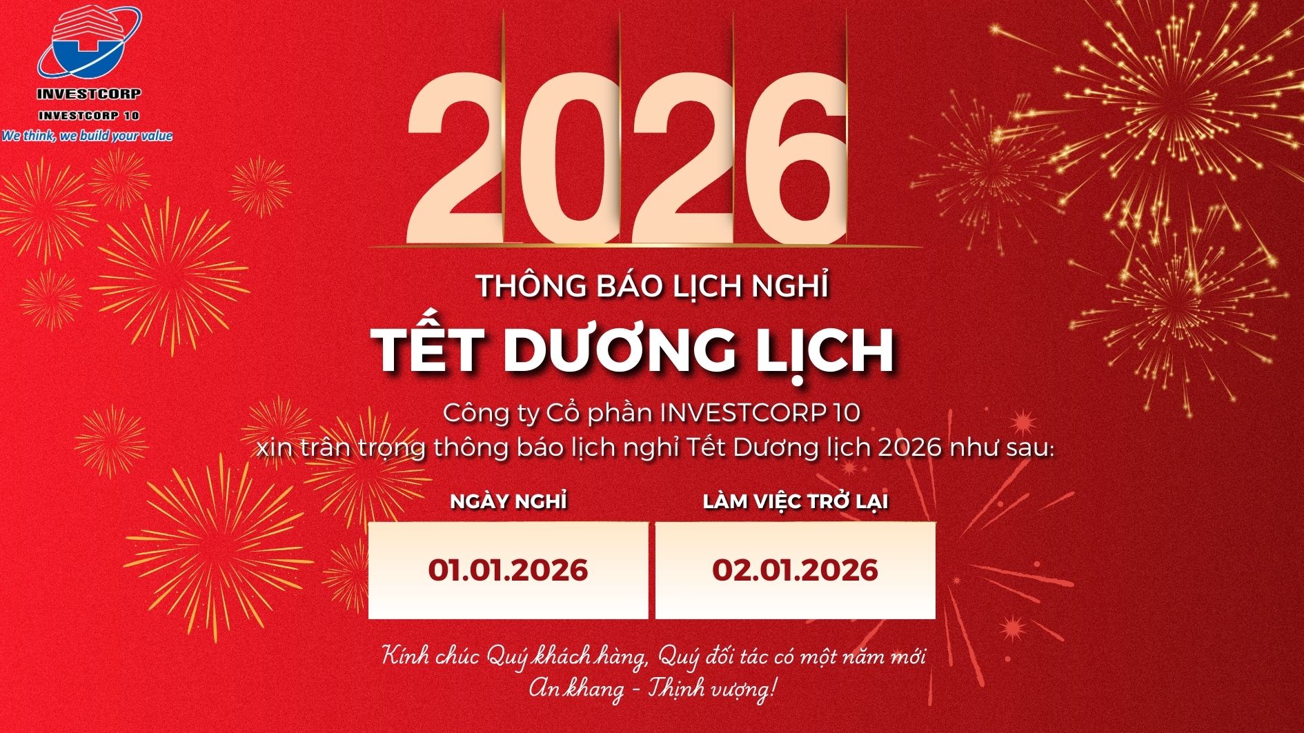 Công ty Cổ phần INVESTCORP 10 thông báo lịch nghỉ Tết Dương lịch 2026