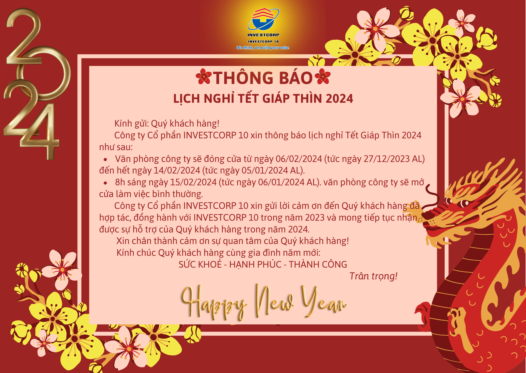 Công ty CP INVESTCORP 10 thông báo lịch nghỉ Tết Giáp Thìn 2024