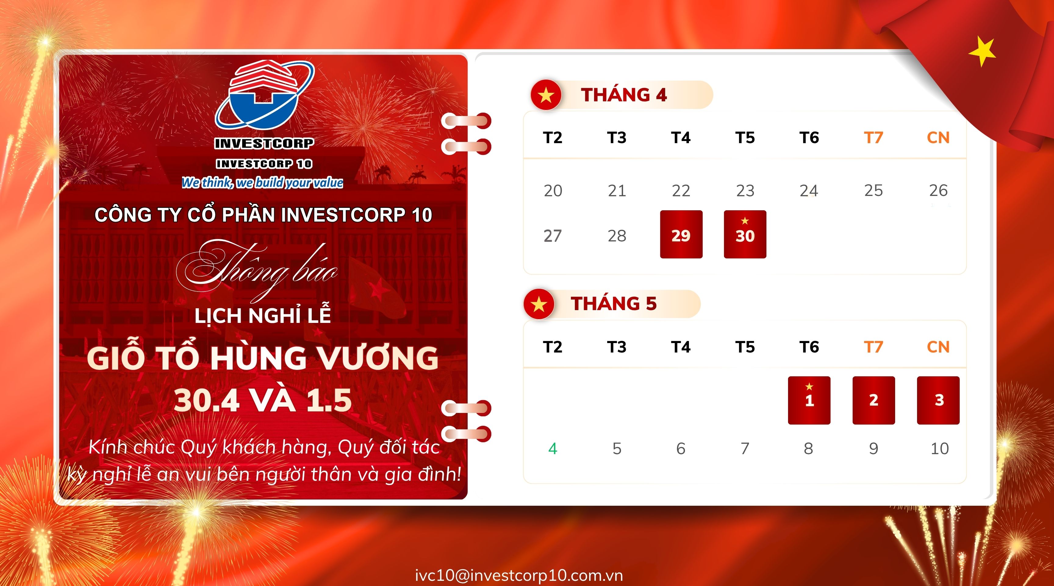 Công ty Cổ phần INVESTCORP 10 thông báo lịch nghỉ lễ Giỗ tổ Hùng Vương và 30/4 - 1/5 năm 2026