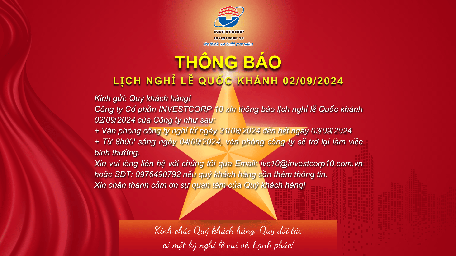 Công ty Cổ phần INVESTCORP 10 thông báo Lịch nghỉ lễ Quốc khánh 02/09/2024