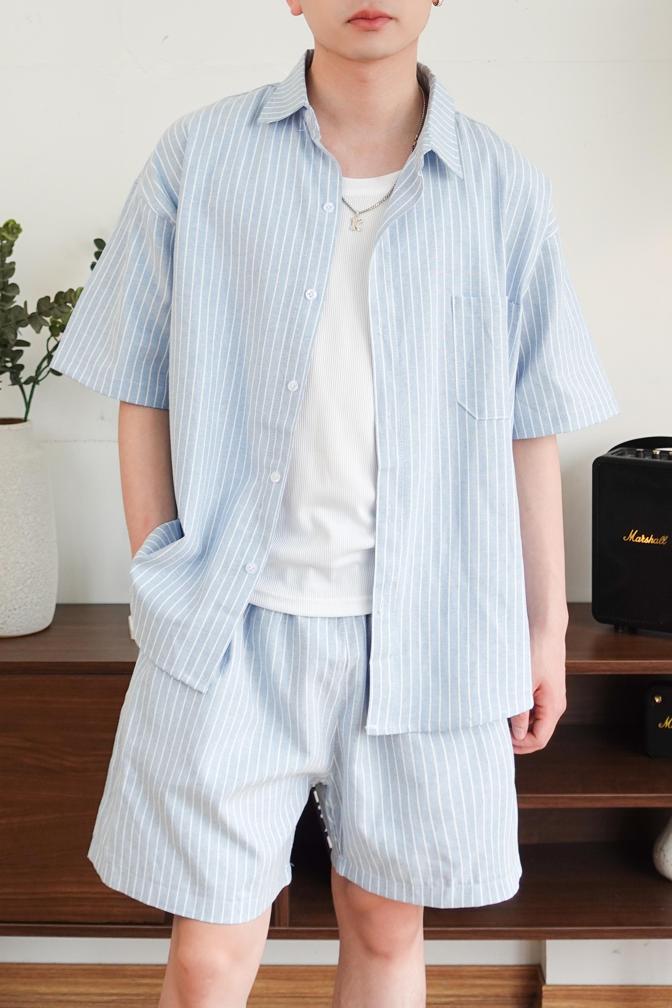 Bộ sơ mi & quần short Xanh kẻ sọc vải Kate oxford