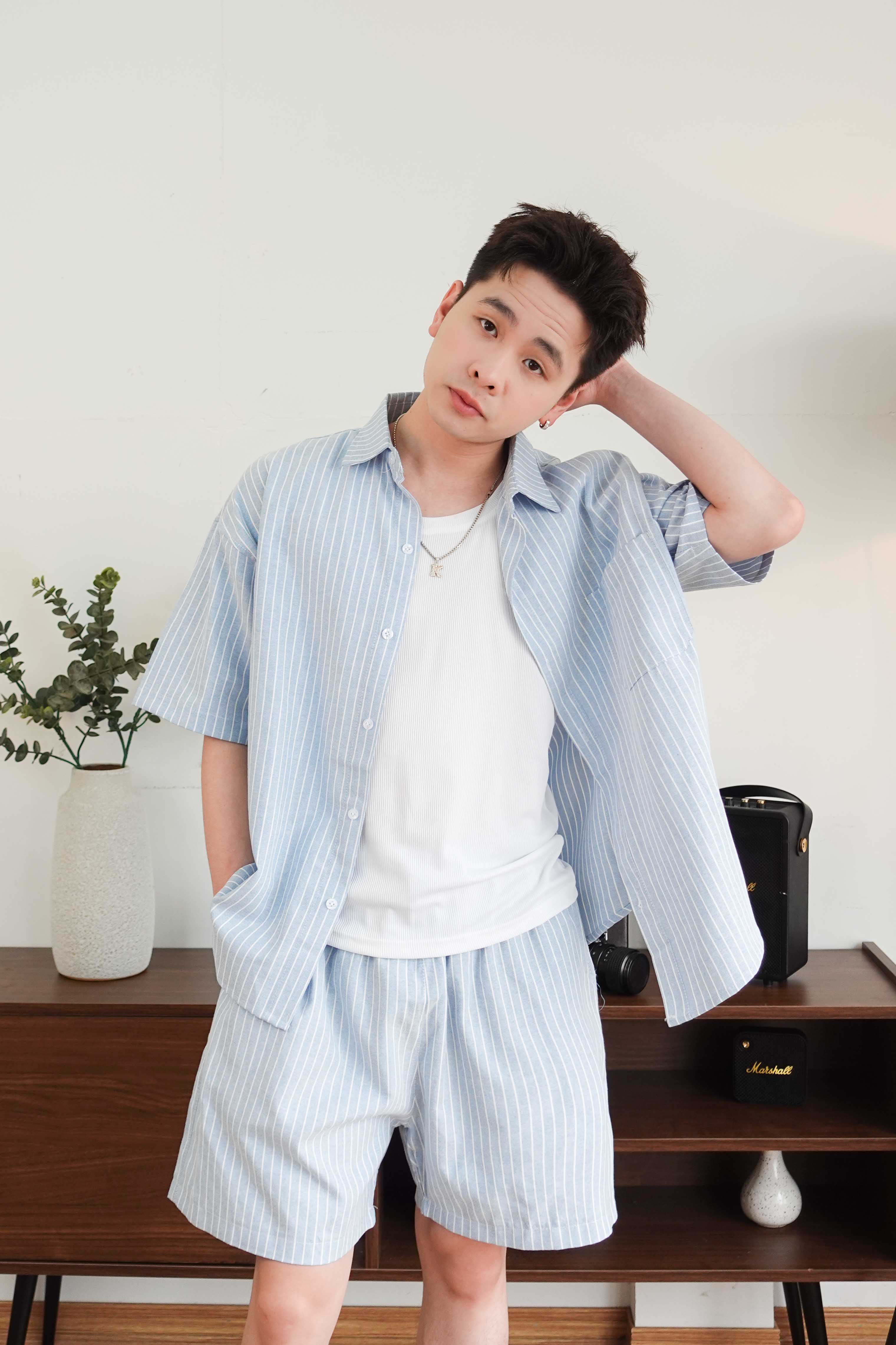 Bộ sơ mi & quần short Hồng kẻ Sọc vải Kate oxford