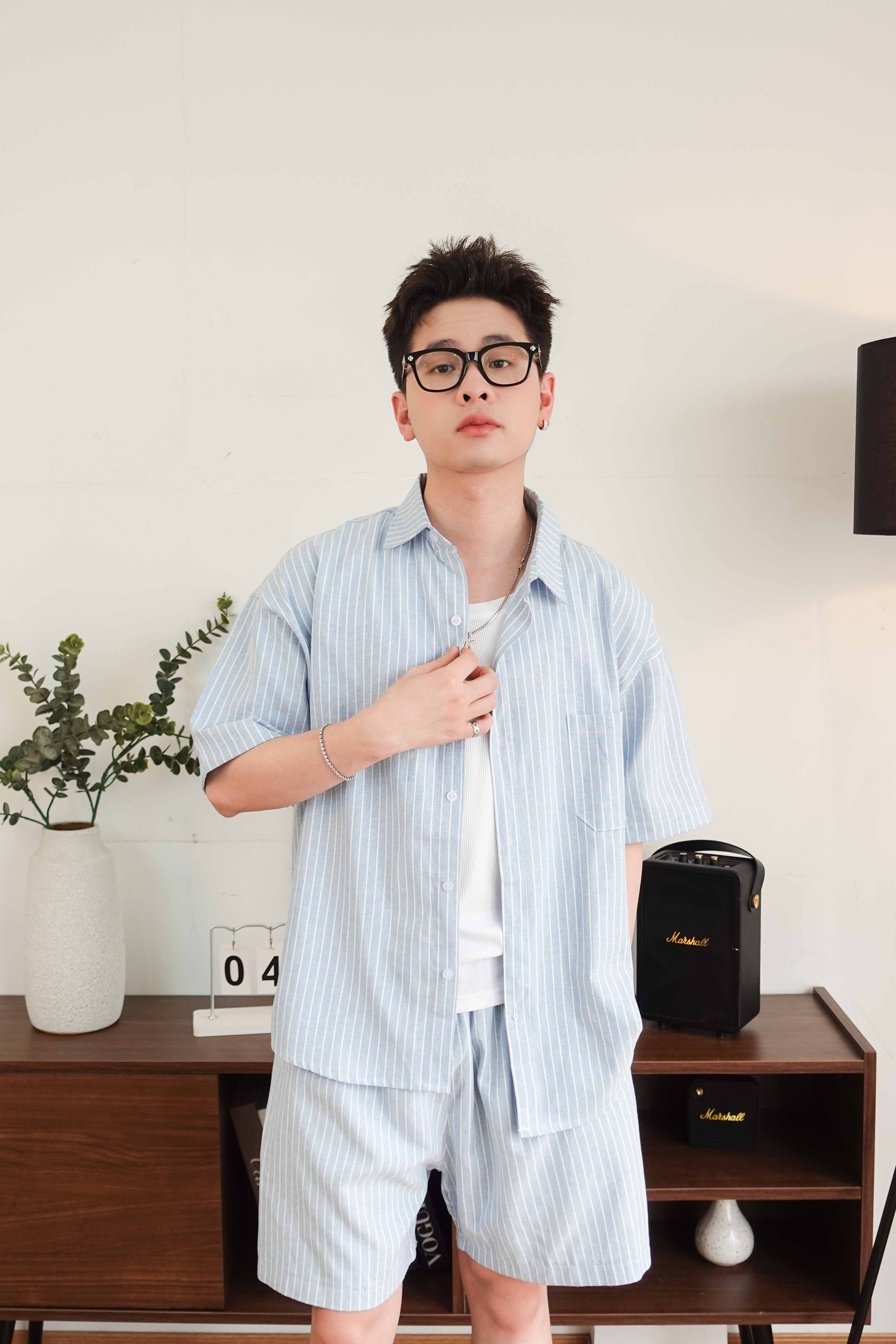 Bộ sơ mi & quần short Xanh kẻ sọc vải Kate oxford