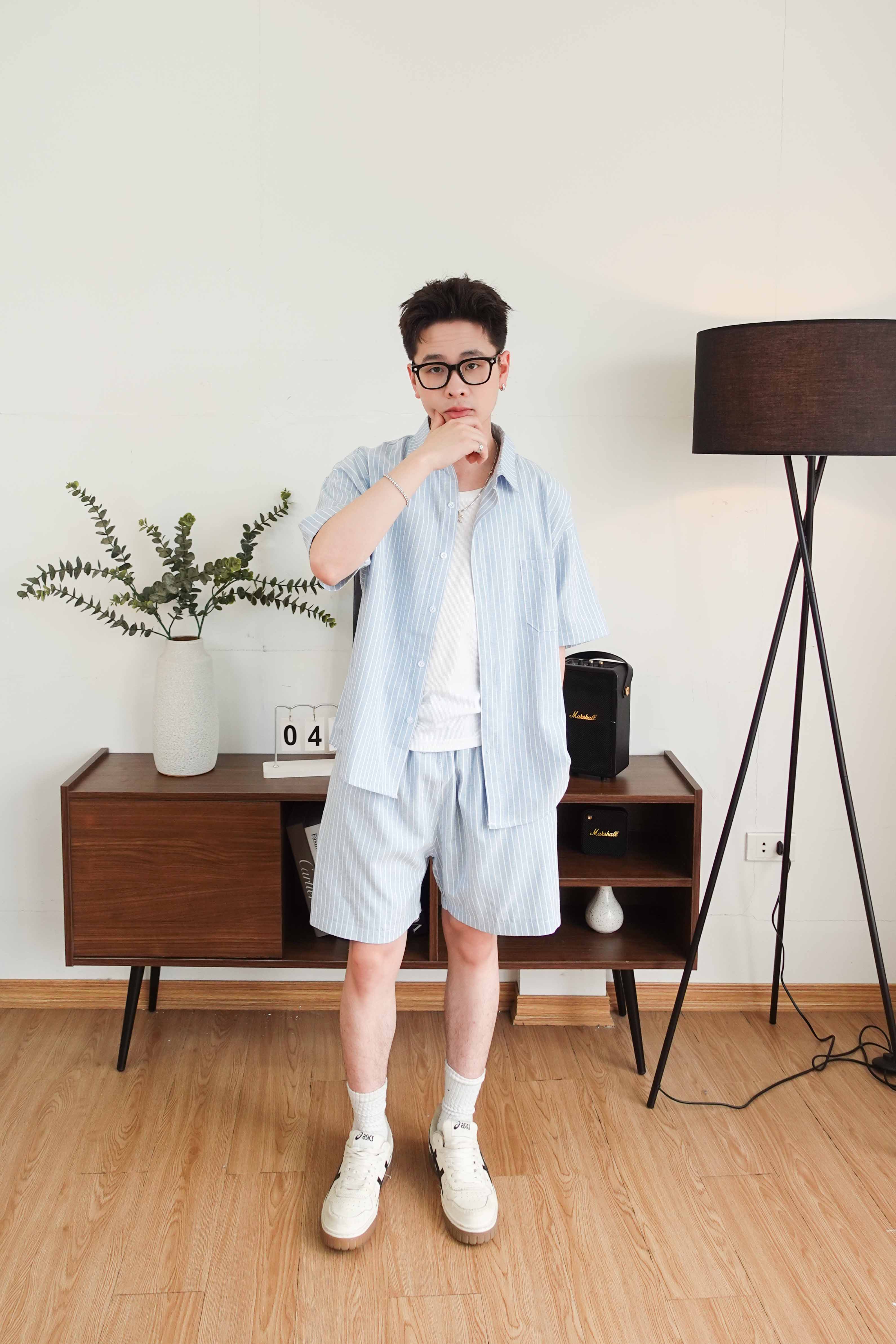 Bộ sơ mi & quần short Be kẻ Sọc vải Kate oxford