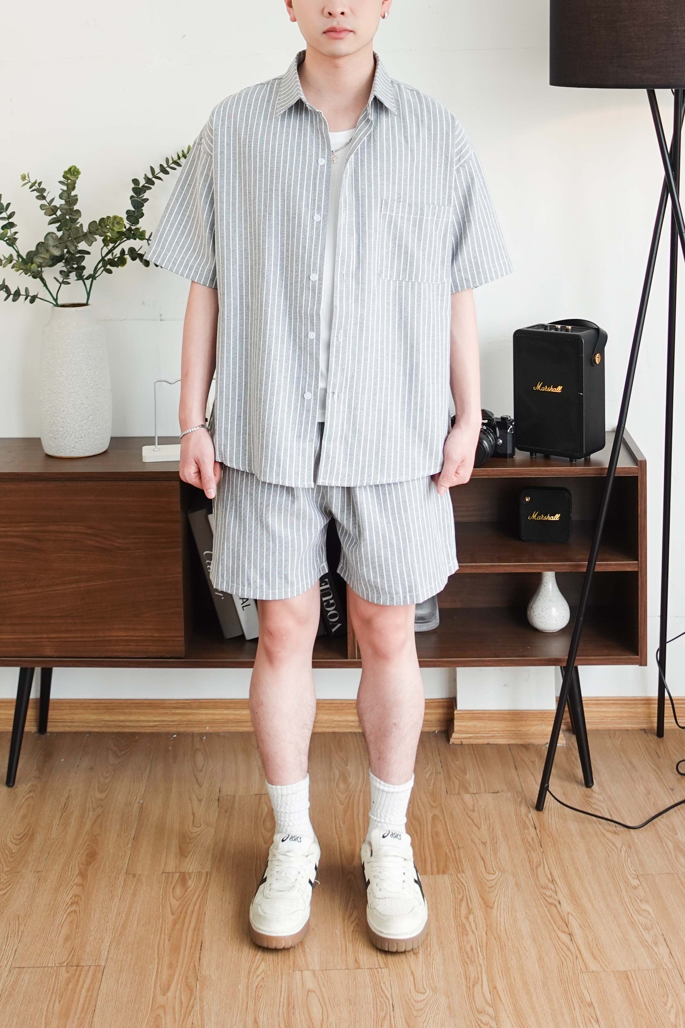 Bộ sơ mi & quần short Be kẻ Sọc vải Kate oxford
