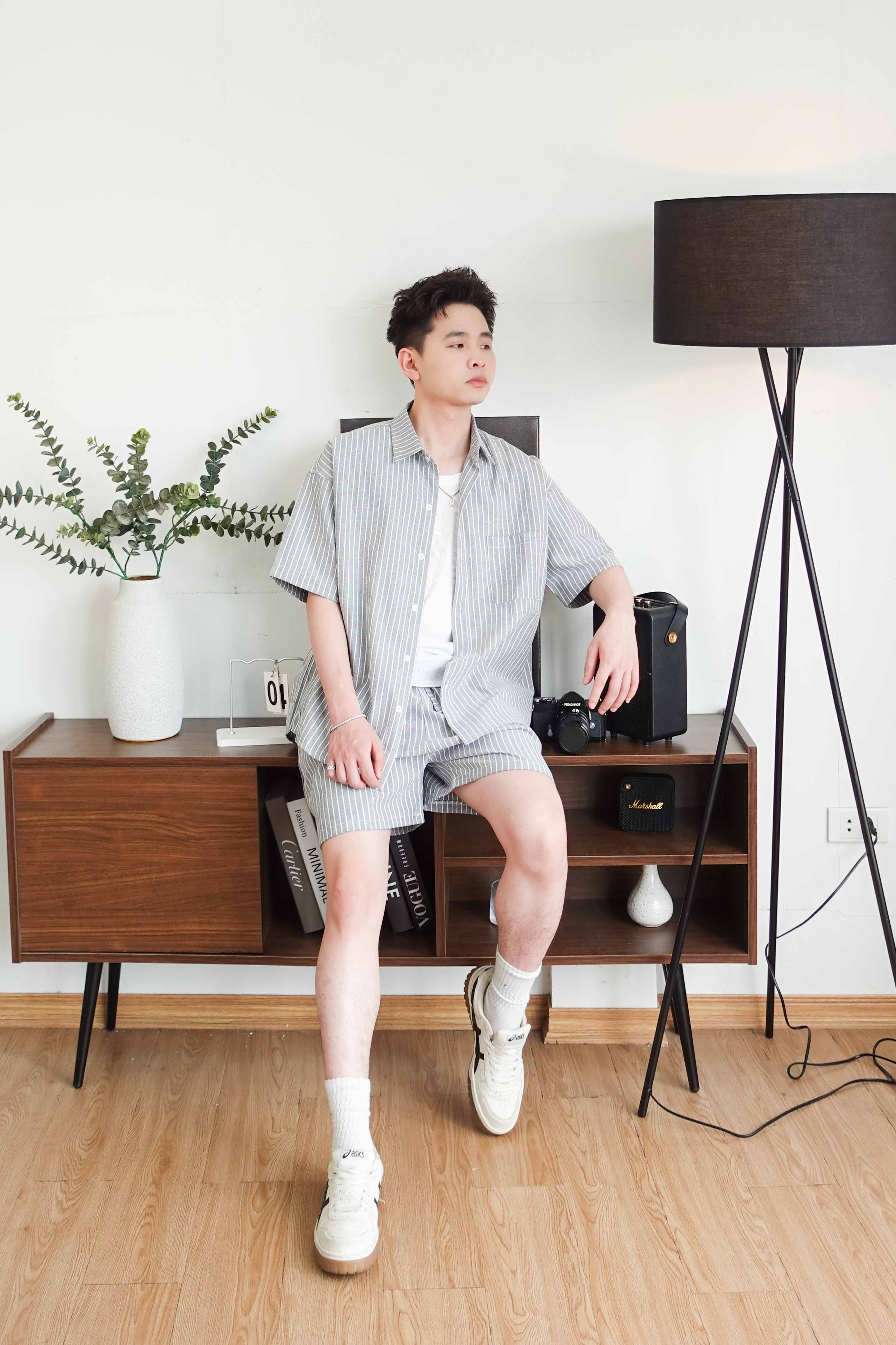 Bộ sơ mi & quần short Be kẻ Sọc vải Kate oxford