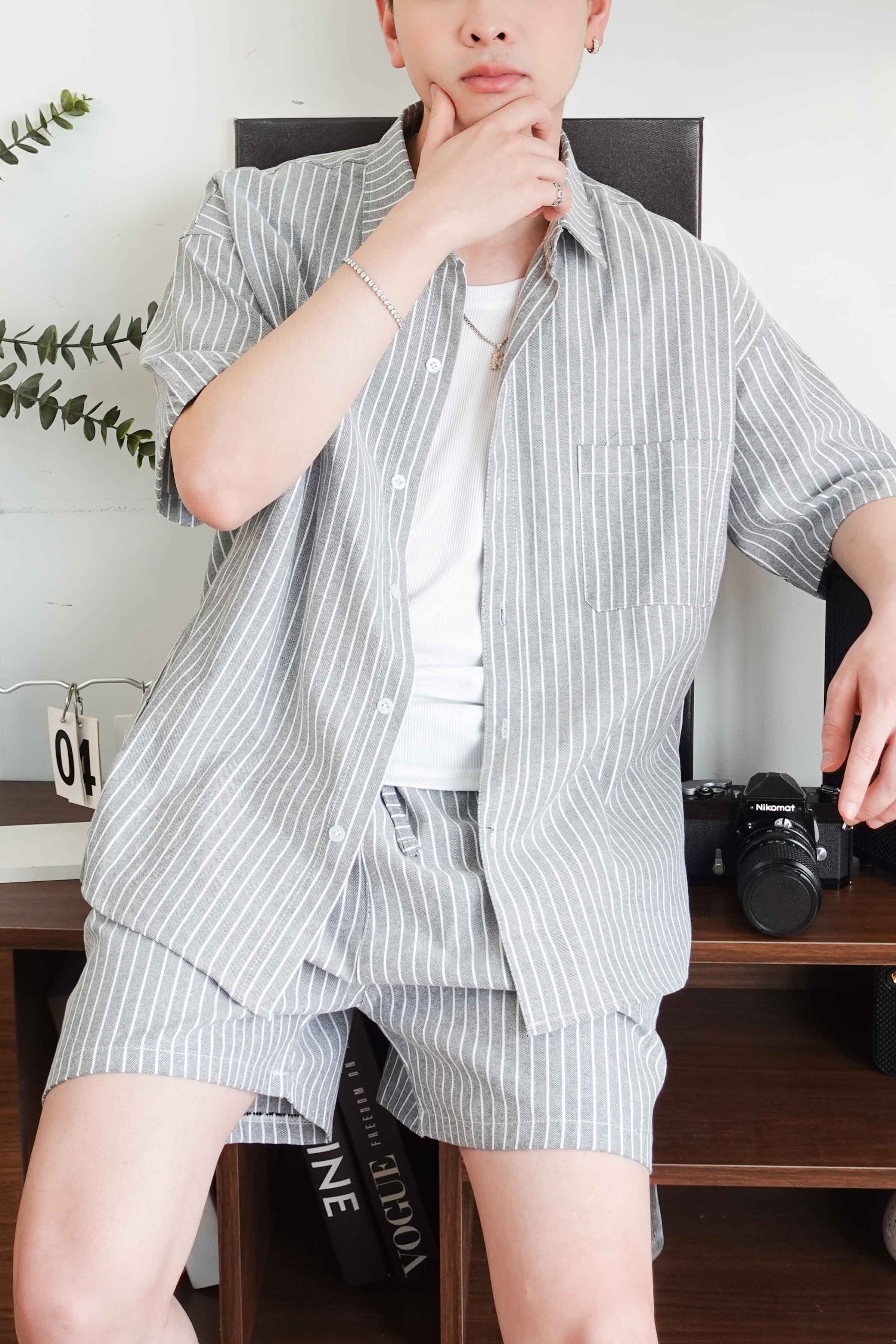 Bộ sơ mi & quần short Be kẻ Sọc vải Kate oxford