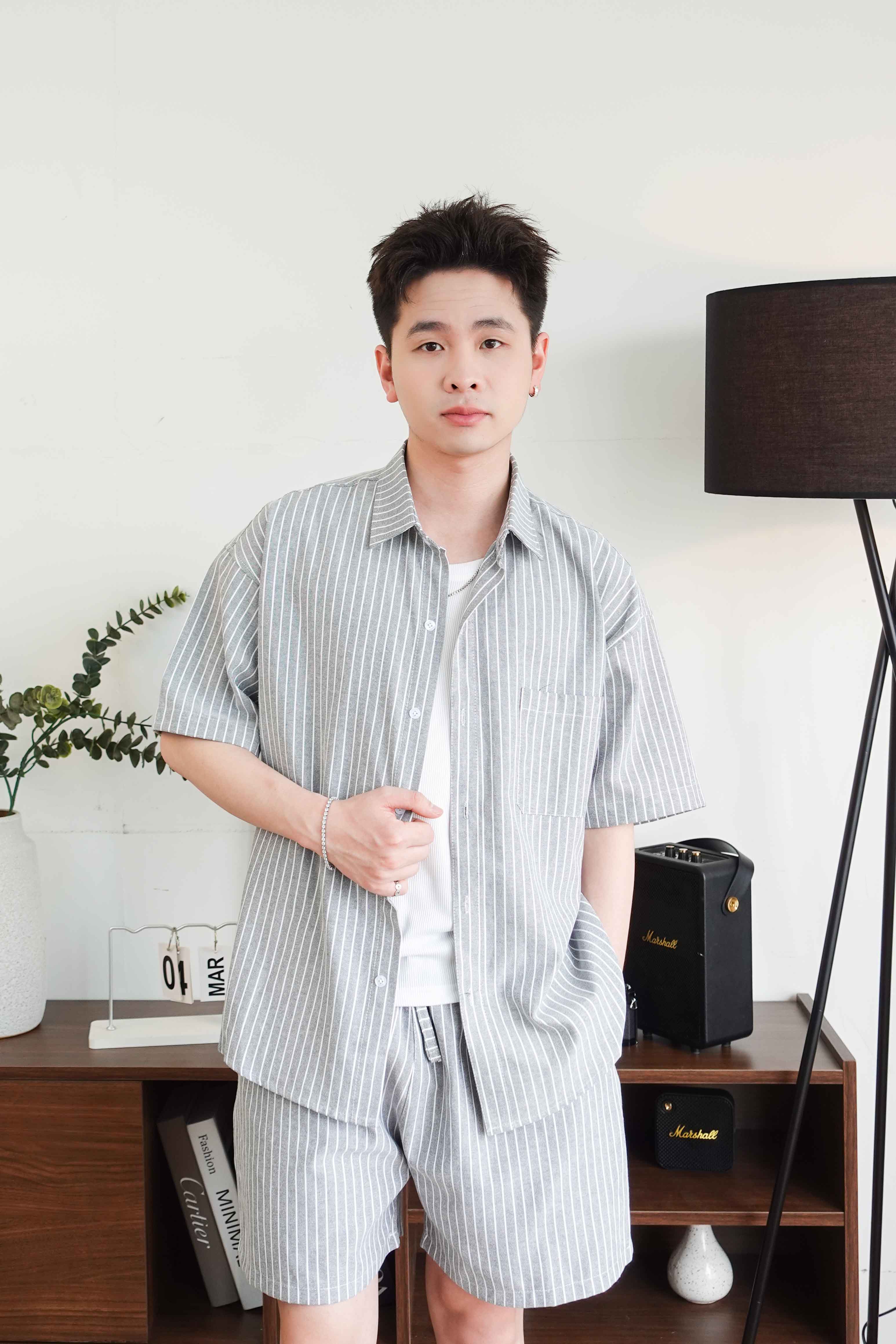 Bộ sơ mi & quần short Xanh kẻ Sọc vải Kate oxford