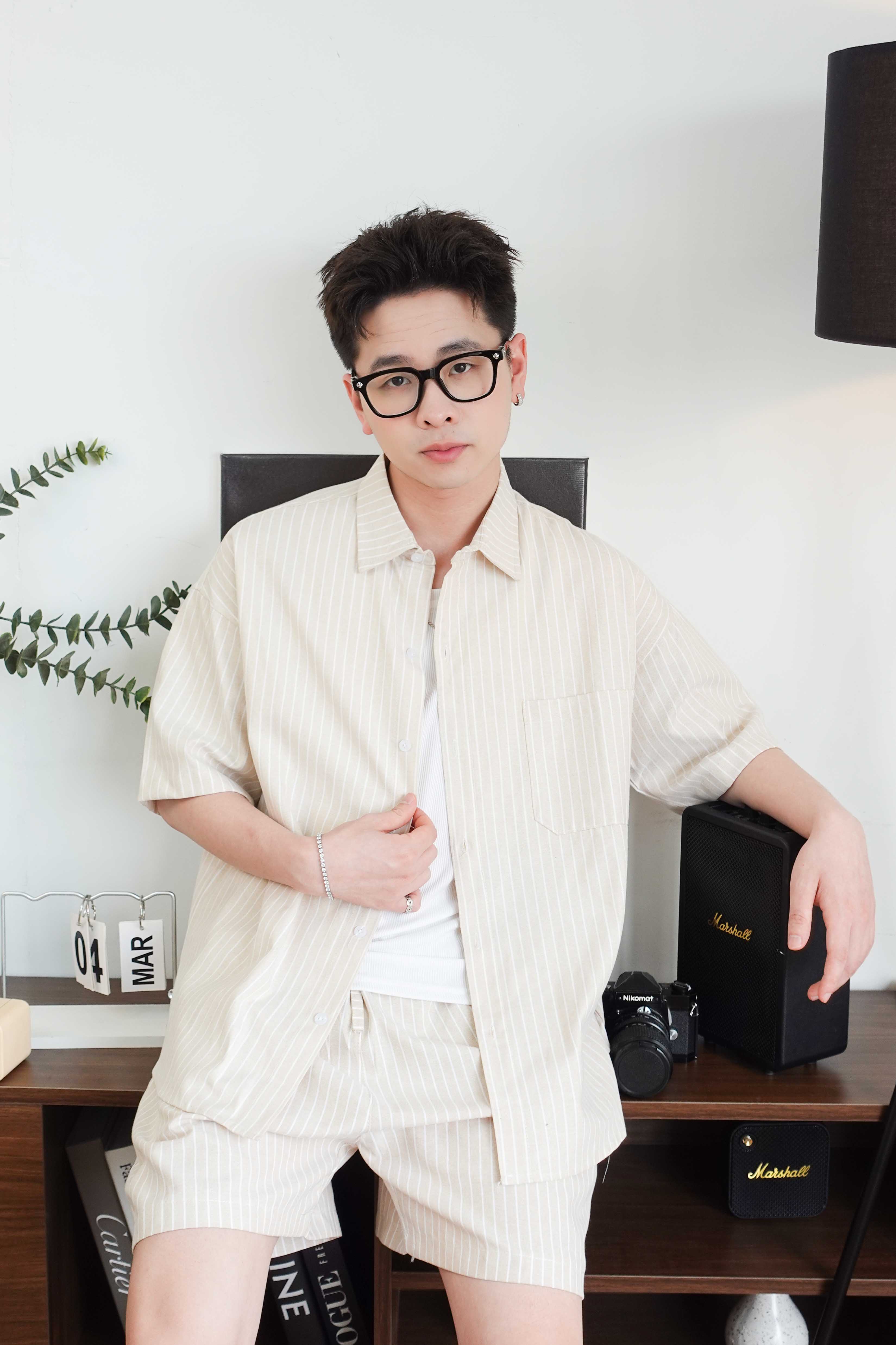 Bộ sơ mi & quần short Be kẻ Sọc vải Kate oxford