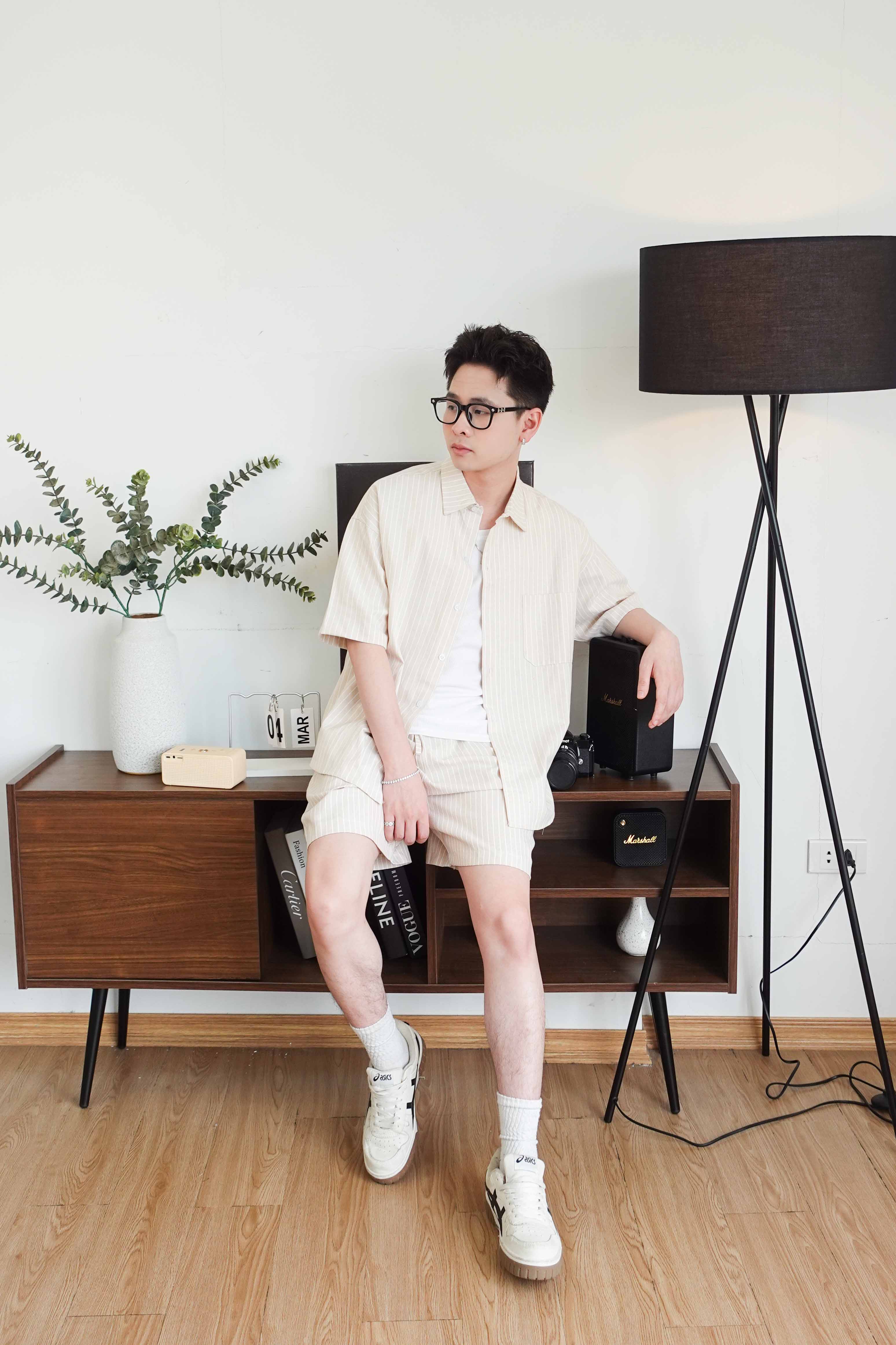 Bộ sơ mi & quần short Be kẻ Sọc vải Kate oxford