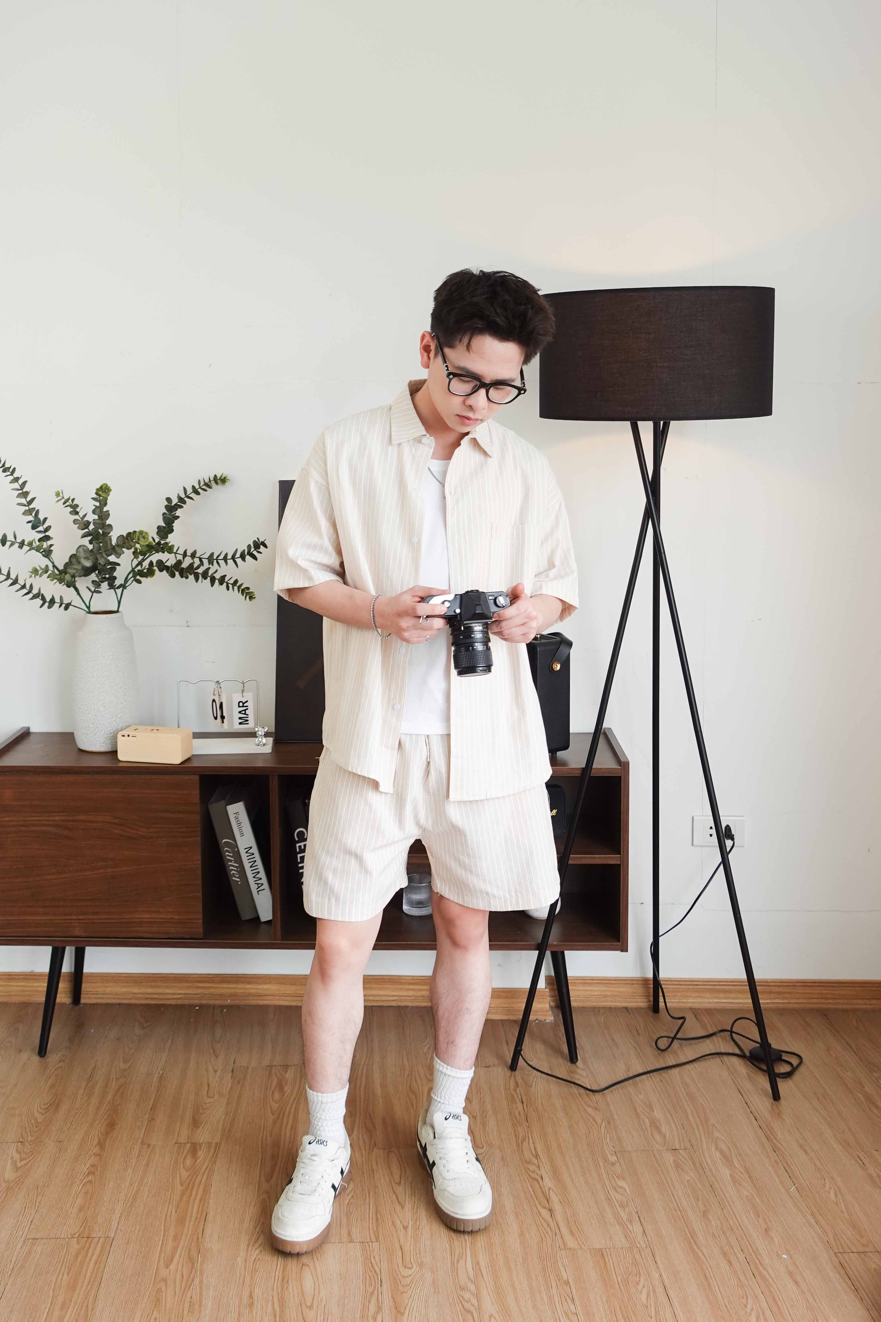 Bộ sơ mi & quần short Be kẻ Sọc vải Kate oxford
