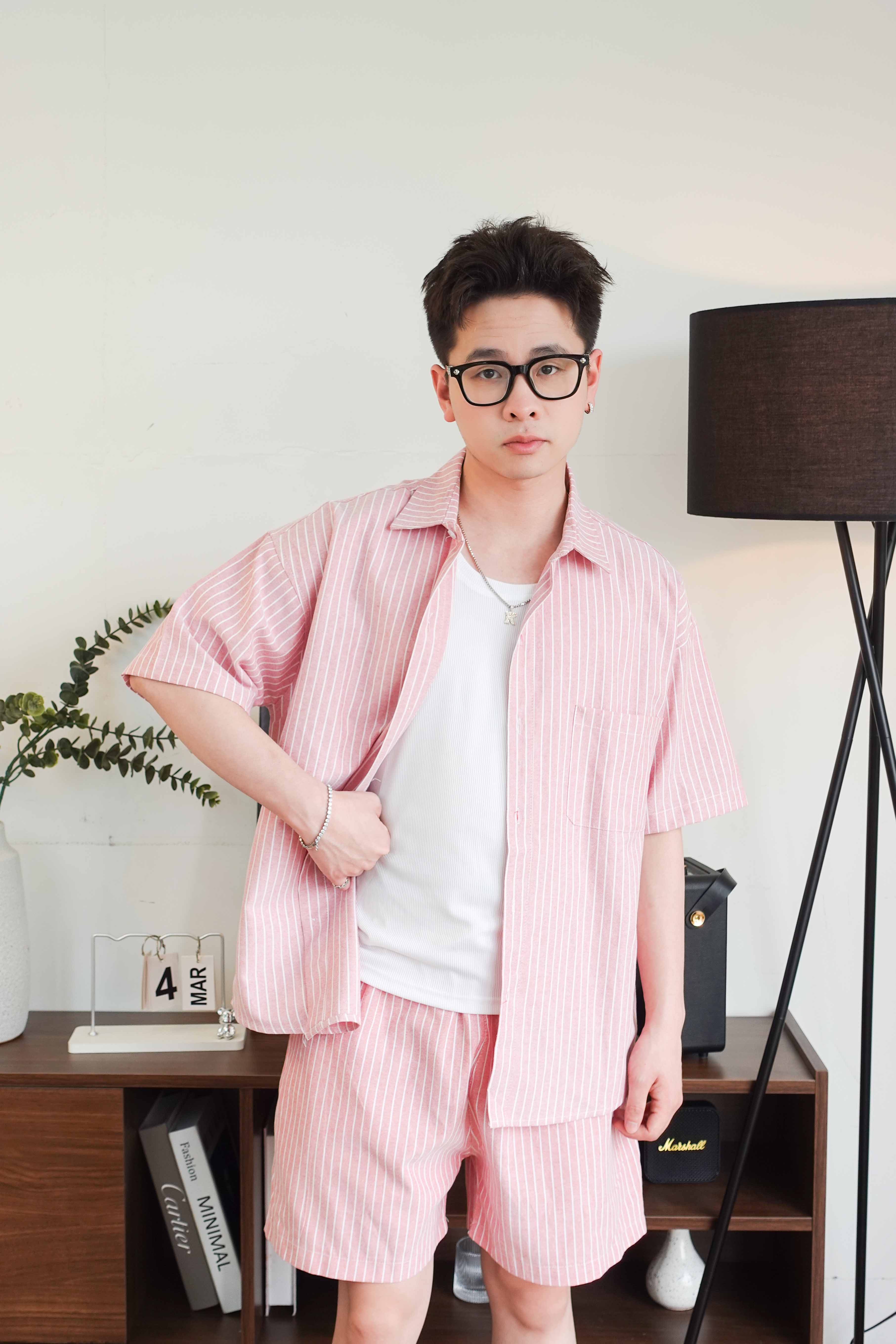 Bộ sơ mi & quần short Be kẻ Sọc vải Kate oxford