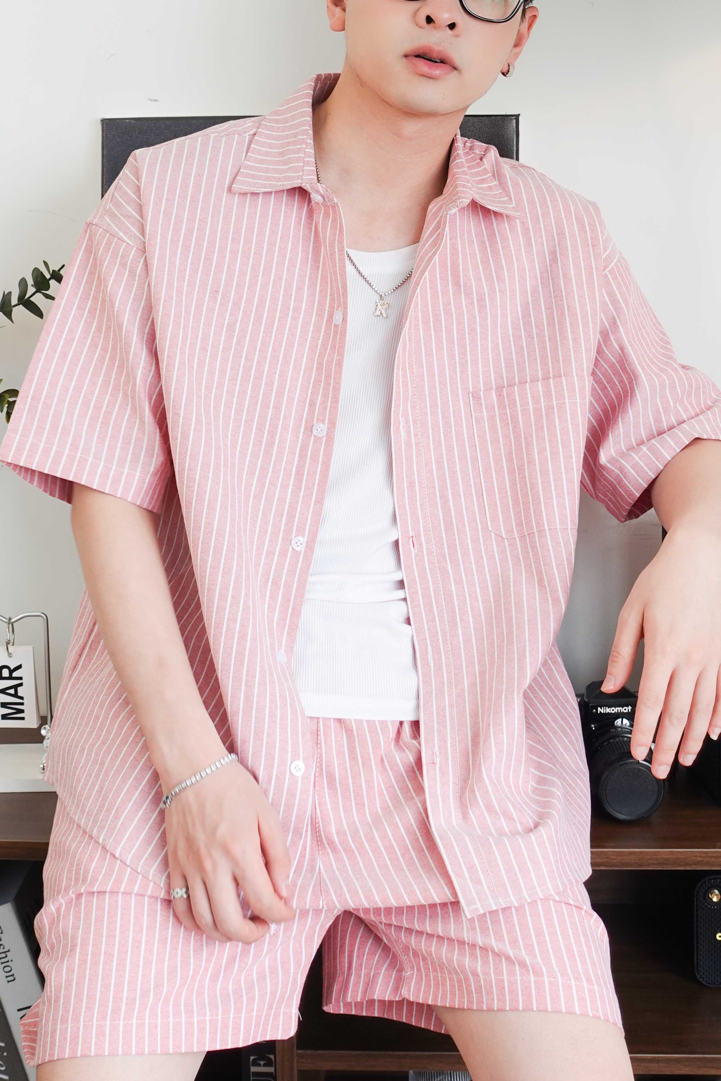 Bộ sơ mi & quần short Be kẻ Sọc vải Kate oxford