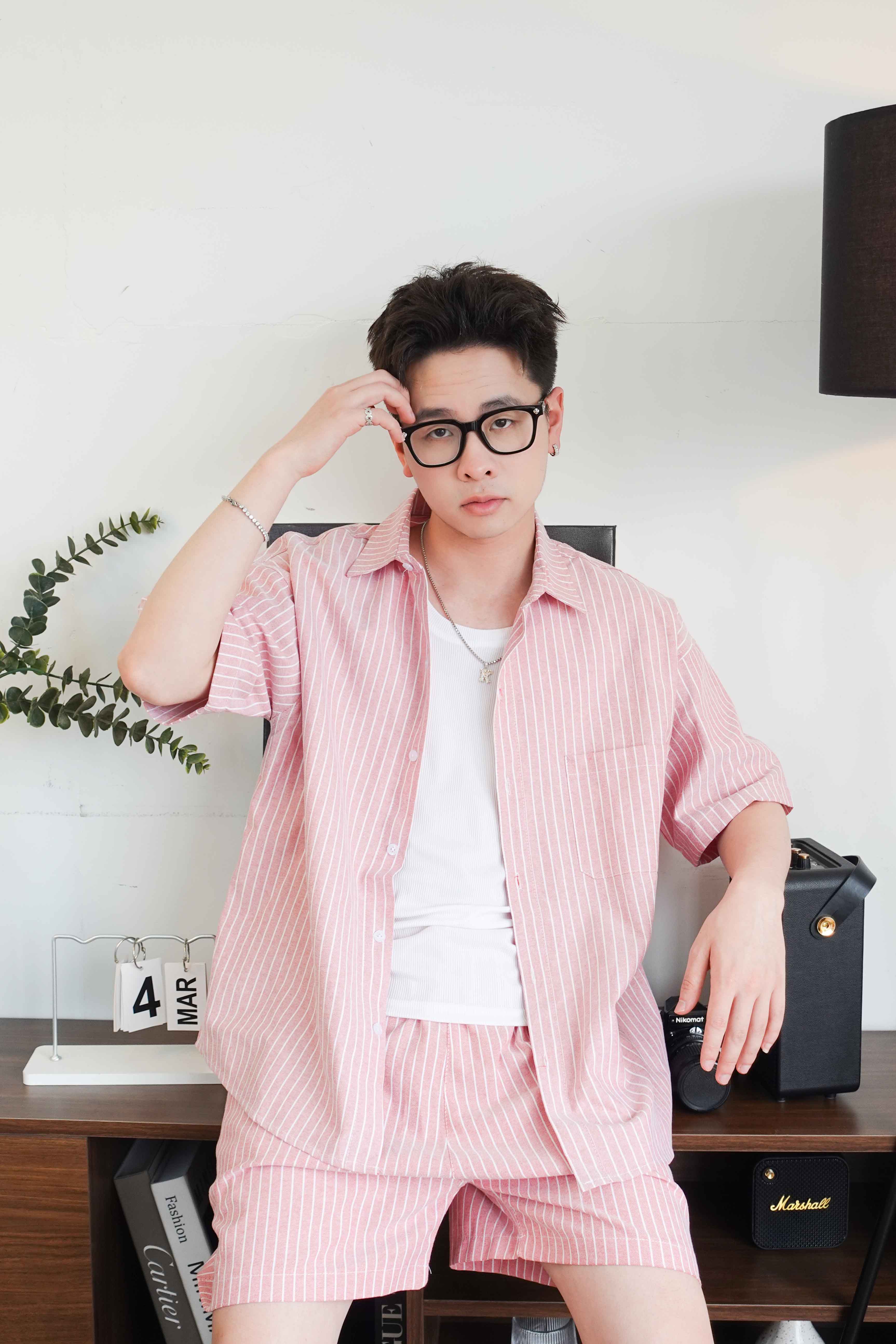 Bộ sơ mi & quần short Xanh kẻ sọc vải Kate oxford