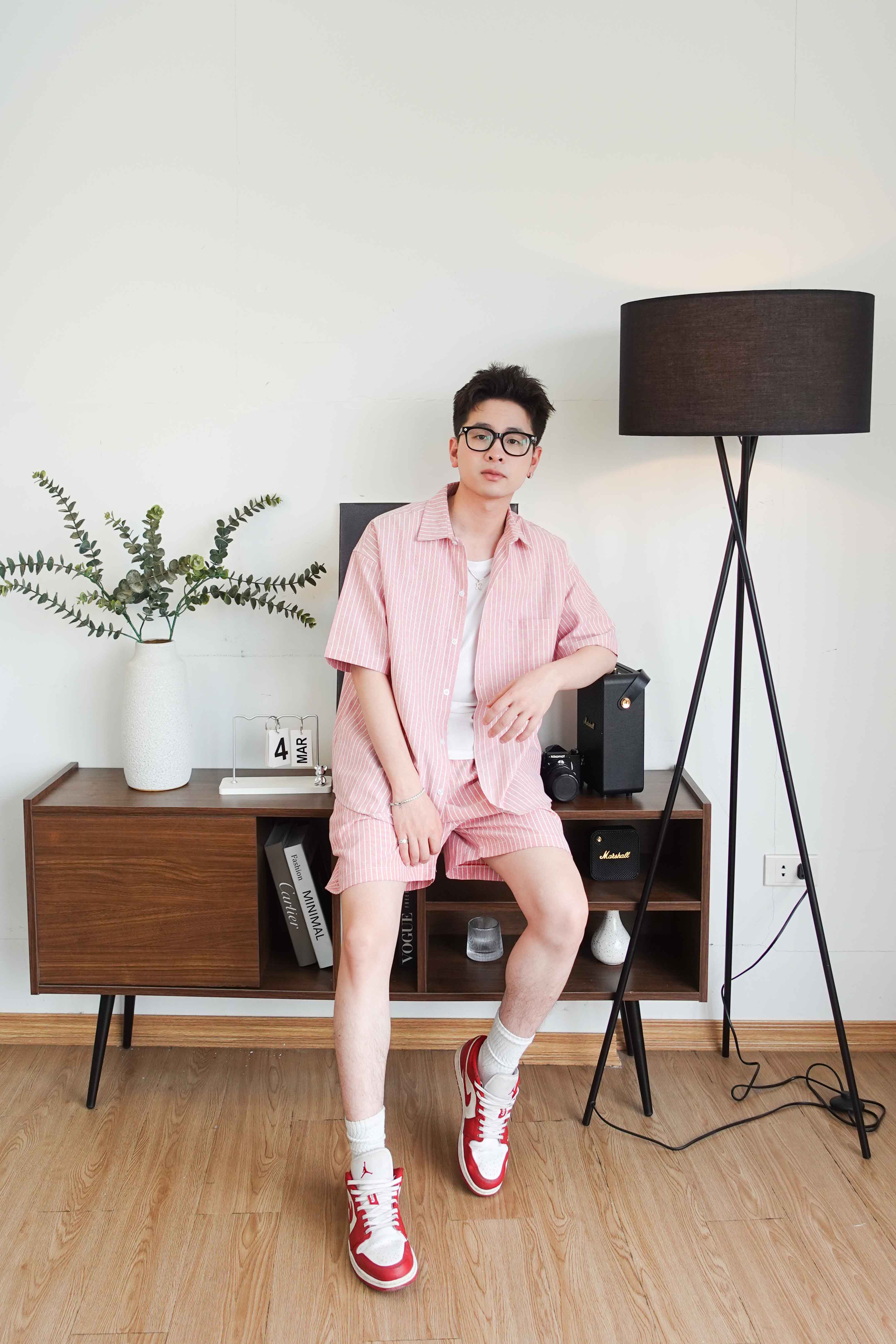 Bộ sơ mi & quần short Be kẻ Sọc vải Kate oxford
