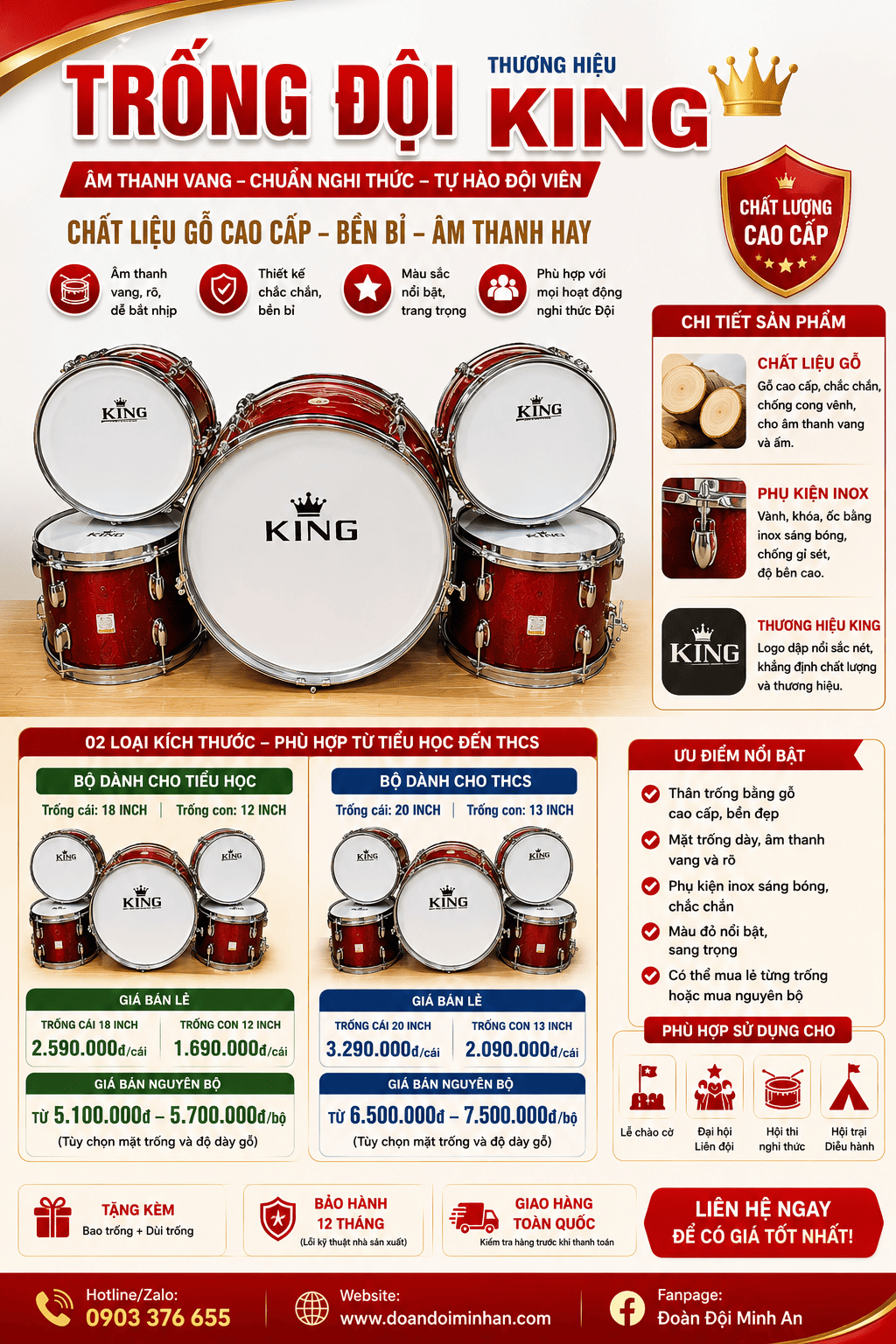 TRỐNG ĐỘI GỖ KING – ÂM THANH VANG, MẪU ĐẸP, CHUẨN NGHI THỨC ĐỘI