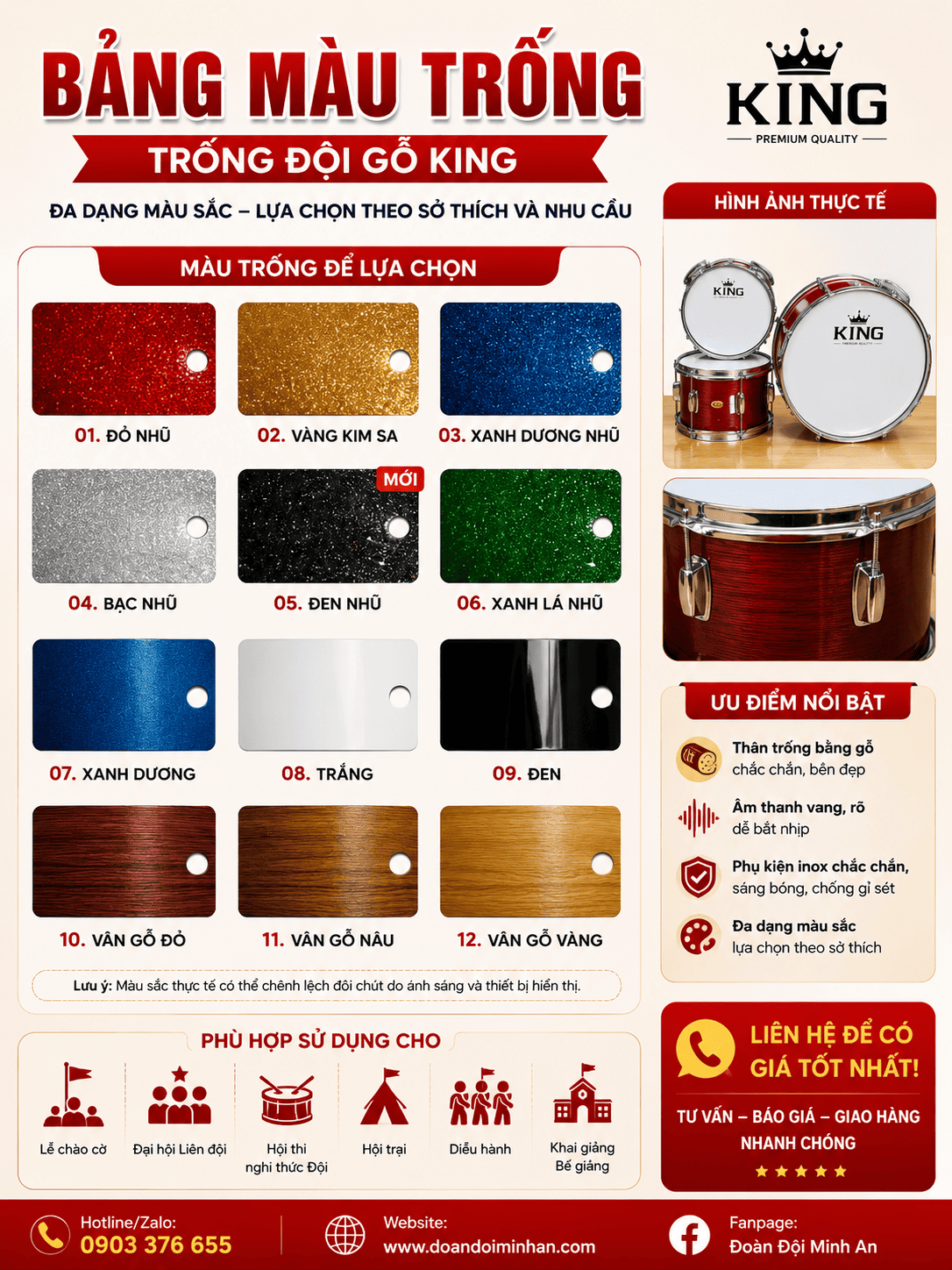 TRỐNG ĐỘI GỖ KING – ÂM THANH VANG, MẪU ĐẸP, CHUẨN NGHI THỨC ĐỘI