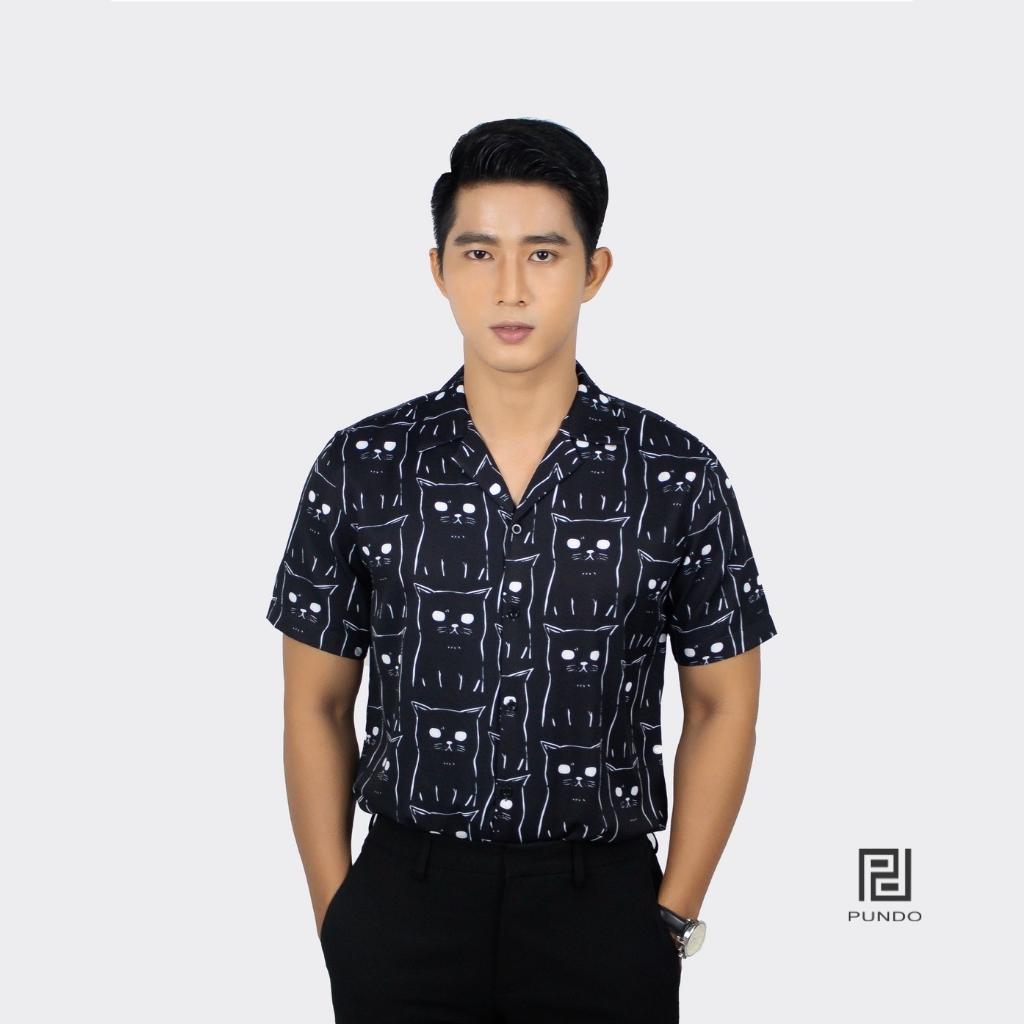 Áo Sơ Mi Đi Biển Vải Lụa Tay Ngắn Nam Họa Tiết Mèo Đen PUNDO Chất Lụa Không Nhăn, Co Giãn Tốt ASMPD039