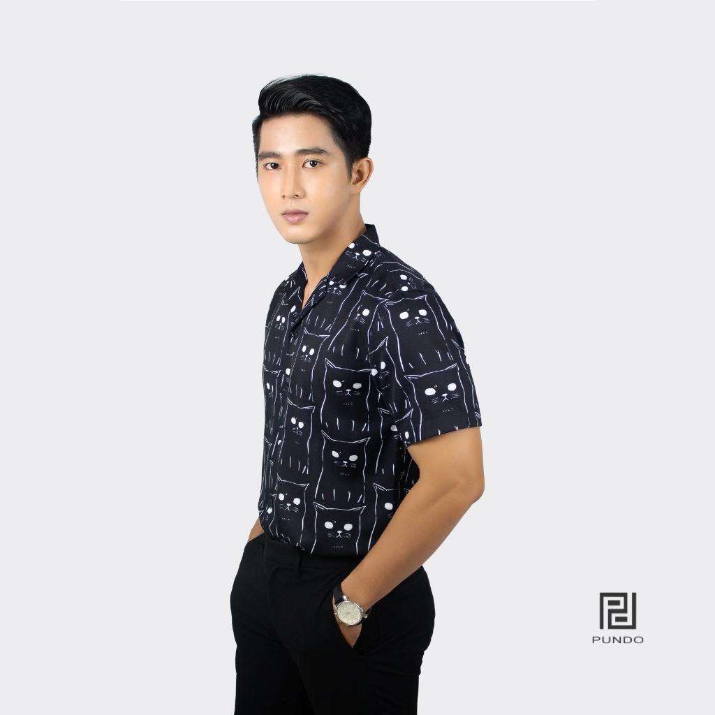 Áo Sơ Mi Đi Biển Vải Lụa Tay Ngắn Nam Họa Tiết Mèo Đen PUNDO Chất Lụa Không Nhăn, Co Giãn Tốt ASMPD039