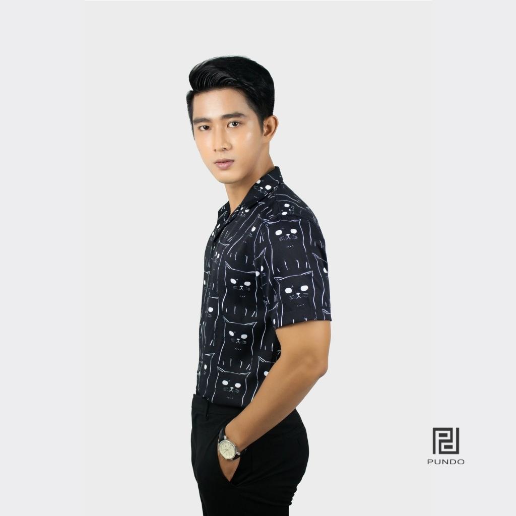 Áo Sơ Mi Đi Biển Vải Lụa Tay Ngắn Nam Họa Tiết Mèo Đen PUNDO Chất Lụa Không Nhăn, Co Giãn Tốt ASMPD039