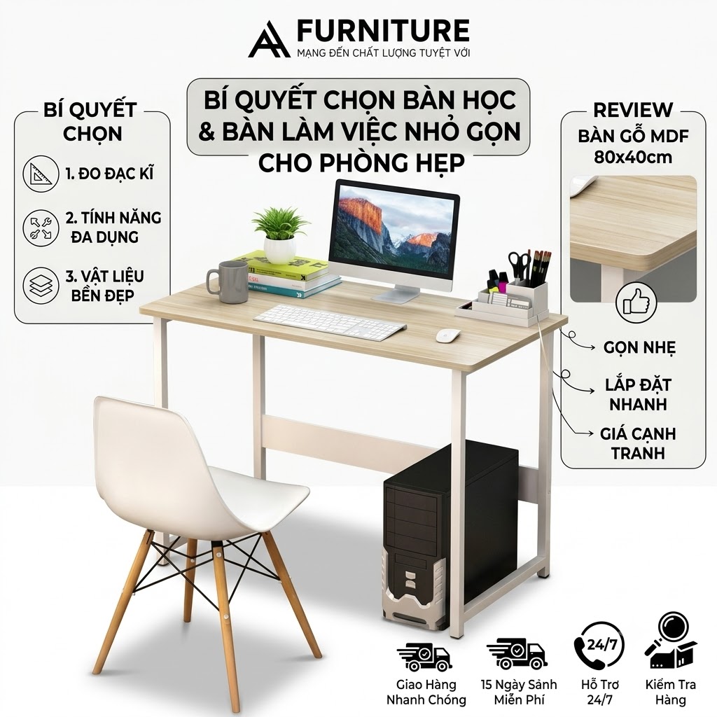 Bí Quyết Chọn Bàn Học & Bàn Làm Việc Nhỏ Gọn Cho Phòng Hẹp: Review Bàn Gỗ MDF 80x40cm