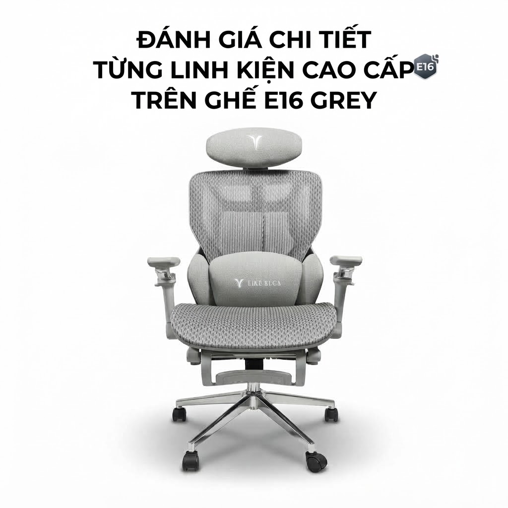 ĐÁNH GIÁ CHI TIẾT TỪNG LINH KIỆN CAO CẤP TRÊN GHẾ E16 GREY: TỪ TRỤ THỦY LỰC ĐẾN CHÂN GHẾ MẠ CROM