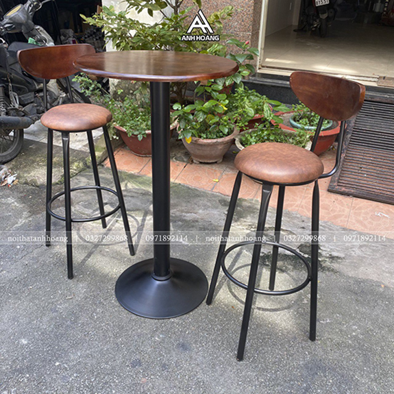 Bộ bàn ghế cafe quầy bar ghế cao 75, bàn cao 110cm màu nâu đỏ PU ...