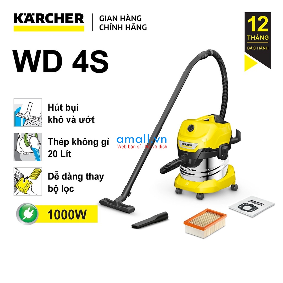 Máy hút bụi khô và ướt Karcher WD 4 S chính hãng thương hiệu châu Âu