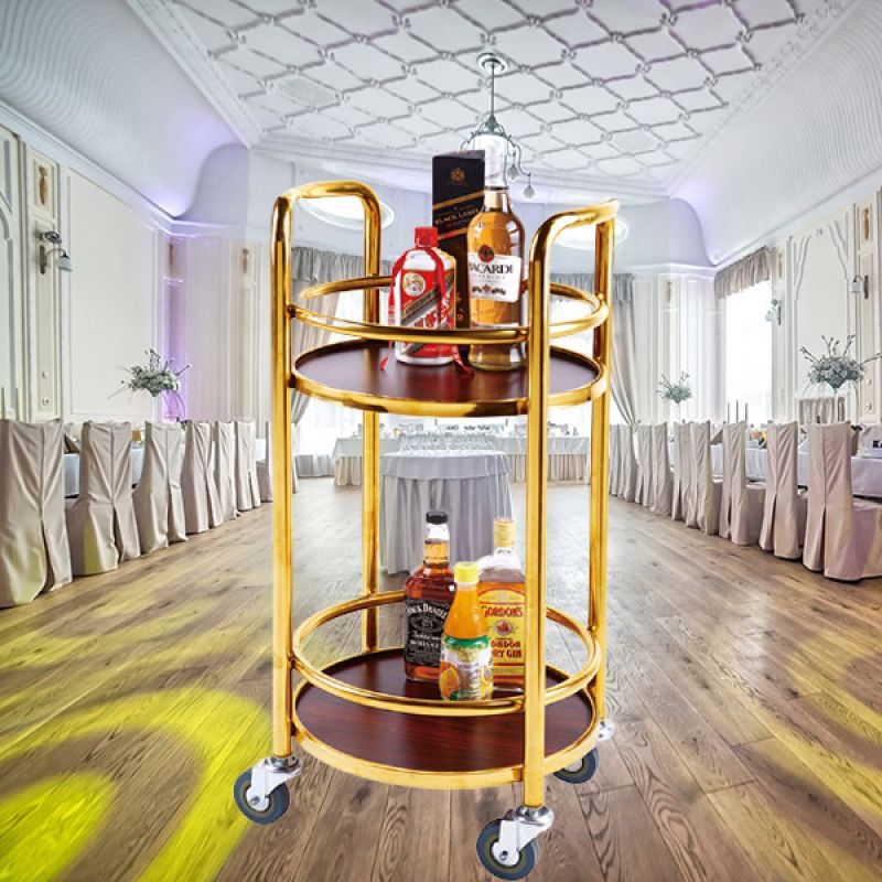 Xe Phục Vụ Rượu Inox Mạ Vàng Tròn