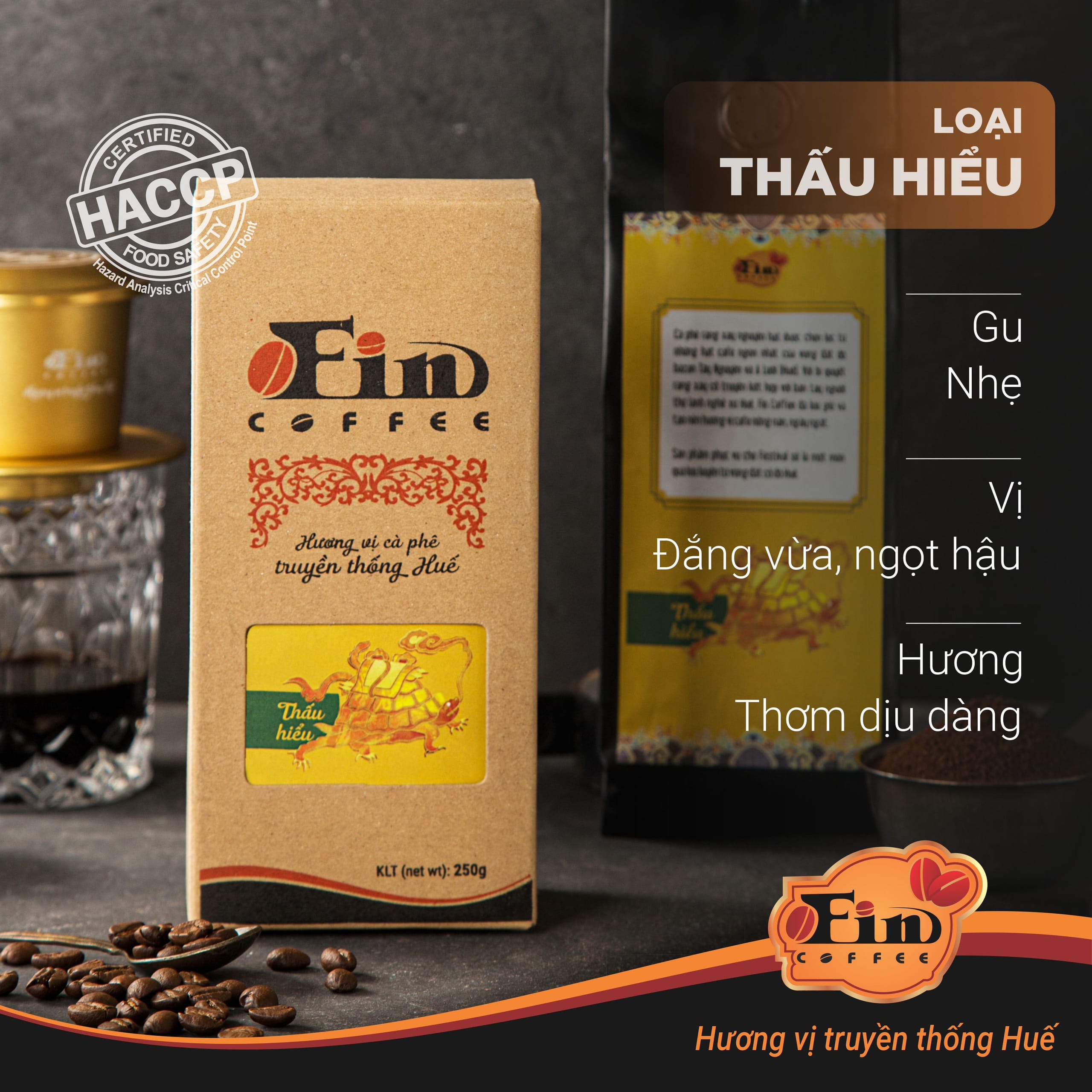 Quà tặng cà phê đặc sản Huế- Tứ Linh Thấu Hiểu, cà phê pha phin gu nhẹ.
