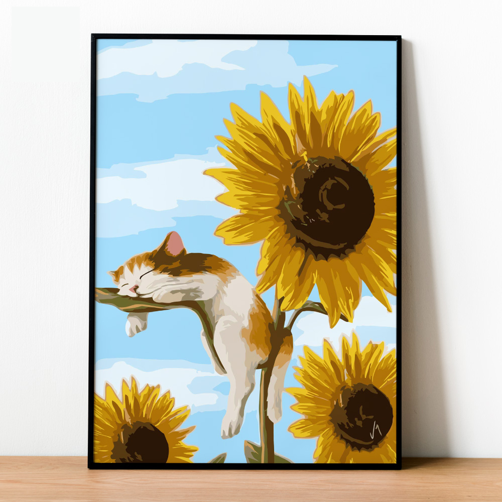 Tranh số hóa - Chú mèo hoa hướng dương đã căng khung 40x50cm 20 màu
