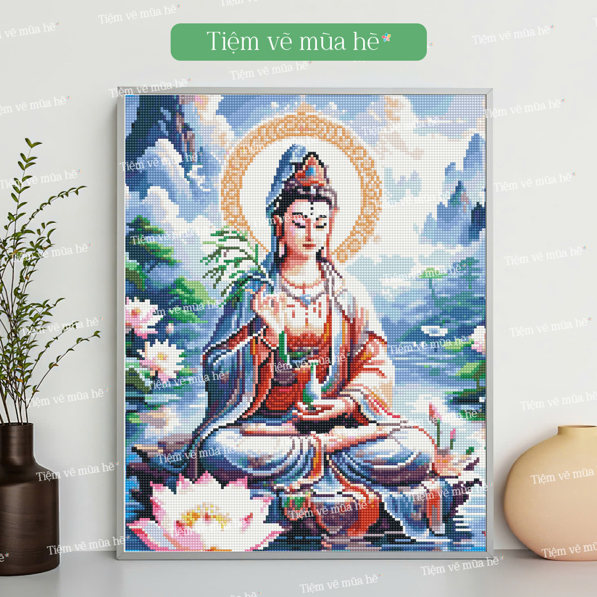 Tranh đính đá Bồ tát Quán Thế Âm đã căng khung 40x50cm có backboard