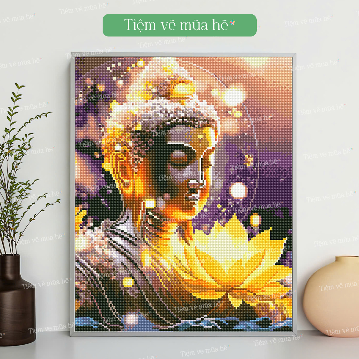 Tranh đính đá Đức Phật đã căng khung 40x50cm có backboard