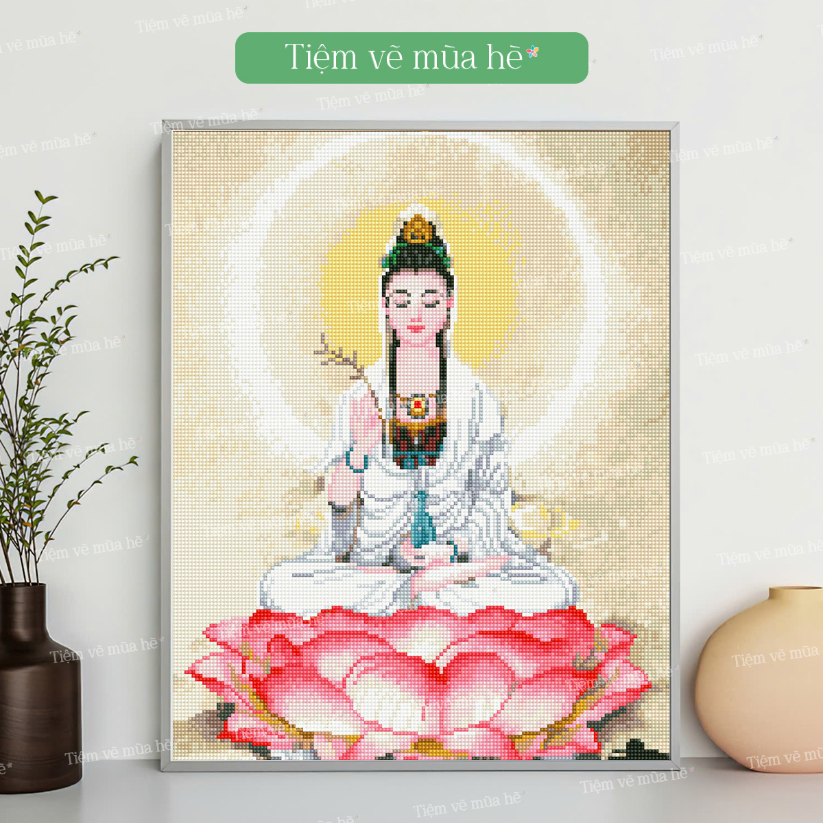 Tranh đính đá Đại Bi Quan Âm đã căng khung 40x50cm có backboard